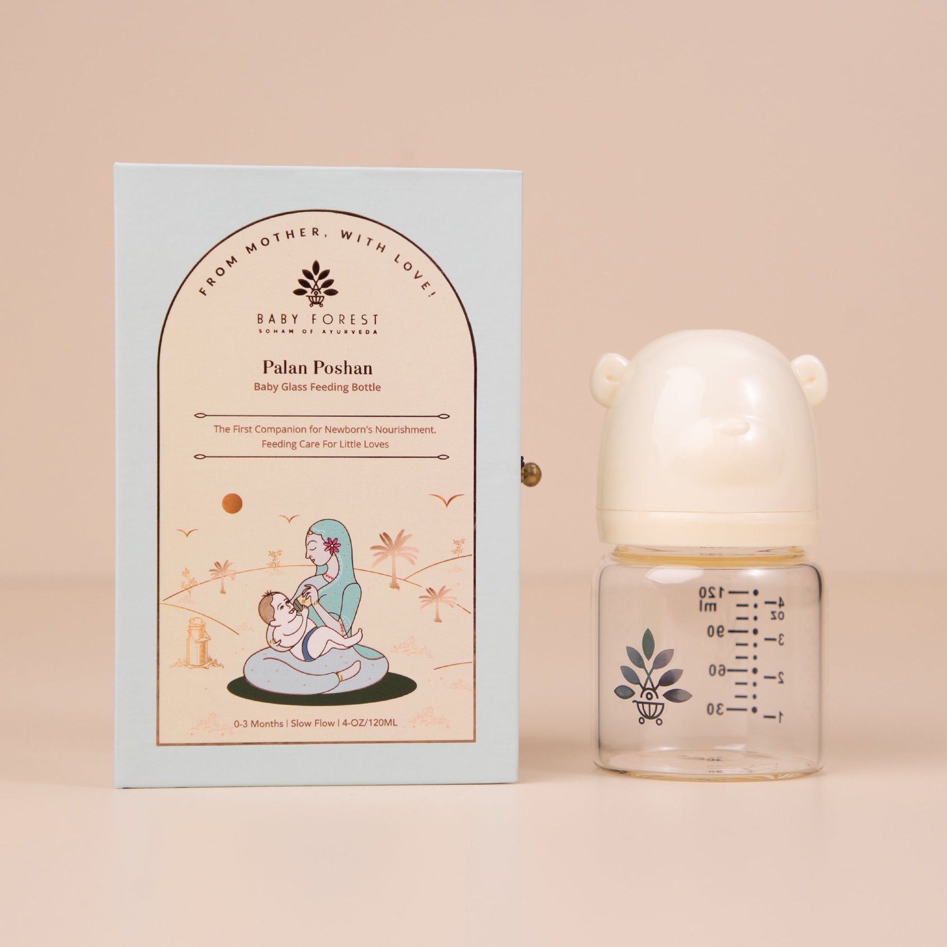 Baby Forest Palan Poshan Baby Glass Feeding Bottle – 120ml Newborn Anti-Colic Borosilicate Glass Bottle with BPA-Free Silicone Nipple