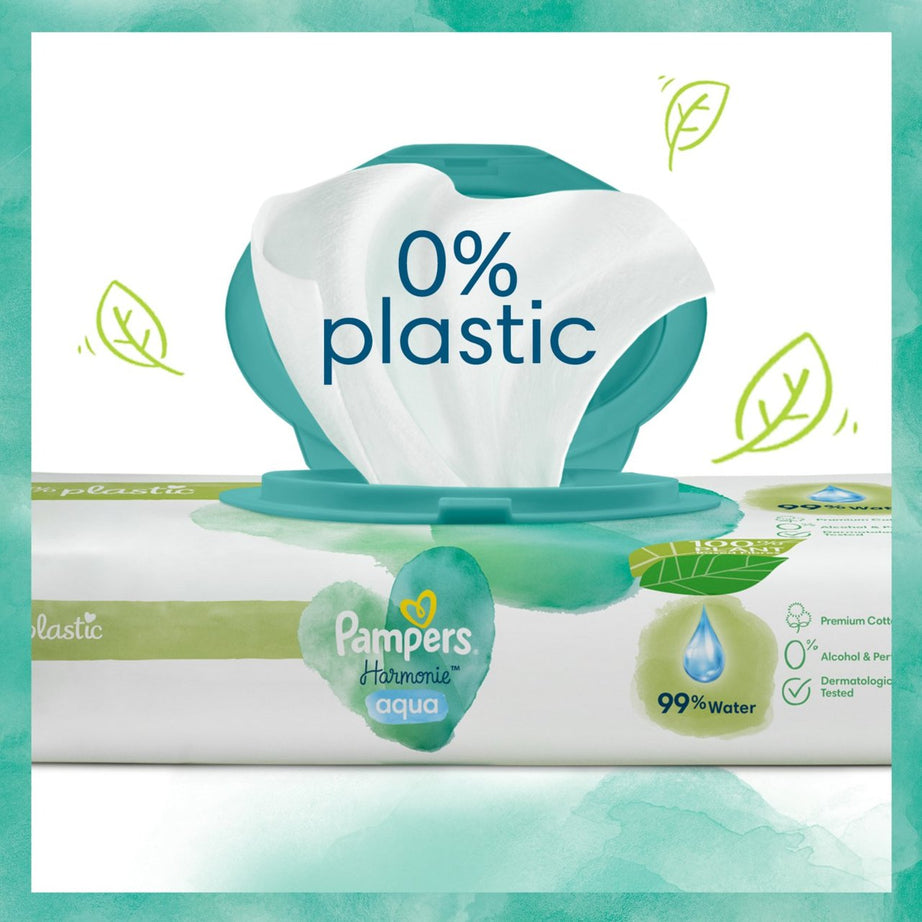 Pampers Harmonie Aqua Baby Wipes - Plastic-Free, Dermatologically Tested & Made with 99% Pure Water and Cotton | Gentle & Safe for Newborn Skin | 48 Wipes Per Pack