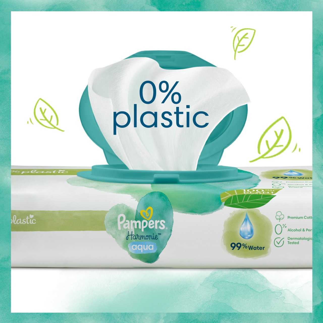 Pampers Harmonie Aqua Baby Wipes - Plastic-Free, Dermatologically Tested & Made with 99% Pure Water and Cotton | Gentle & Safe for Newborn Skin | 48 Wipes Per Pack
