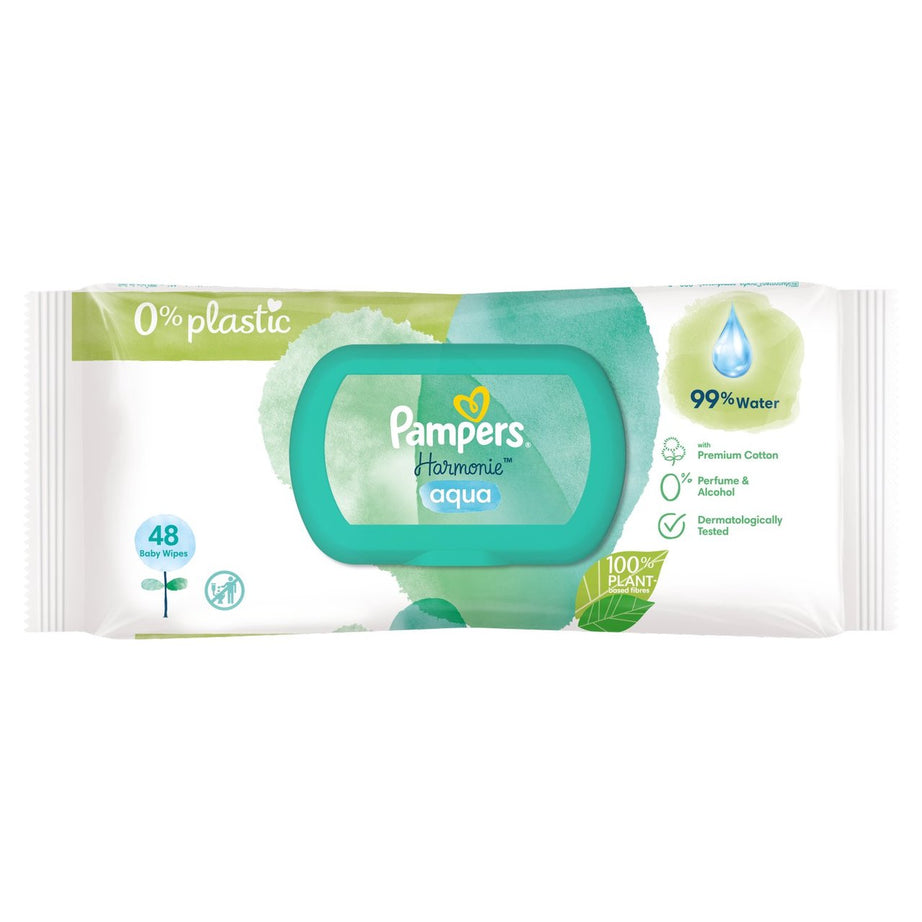 Pampers Harmonie Aqua Baby Wipes - Plastic-Free, Dermatologically Tested & Made with 99% Pure Water and Cotton | Gentle & Safe for Newborn Skin | 48 Wipes Per Pack