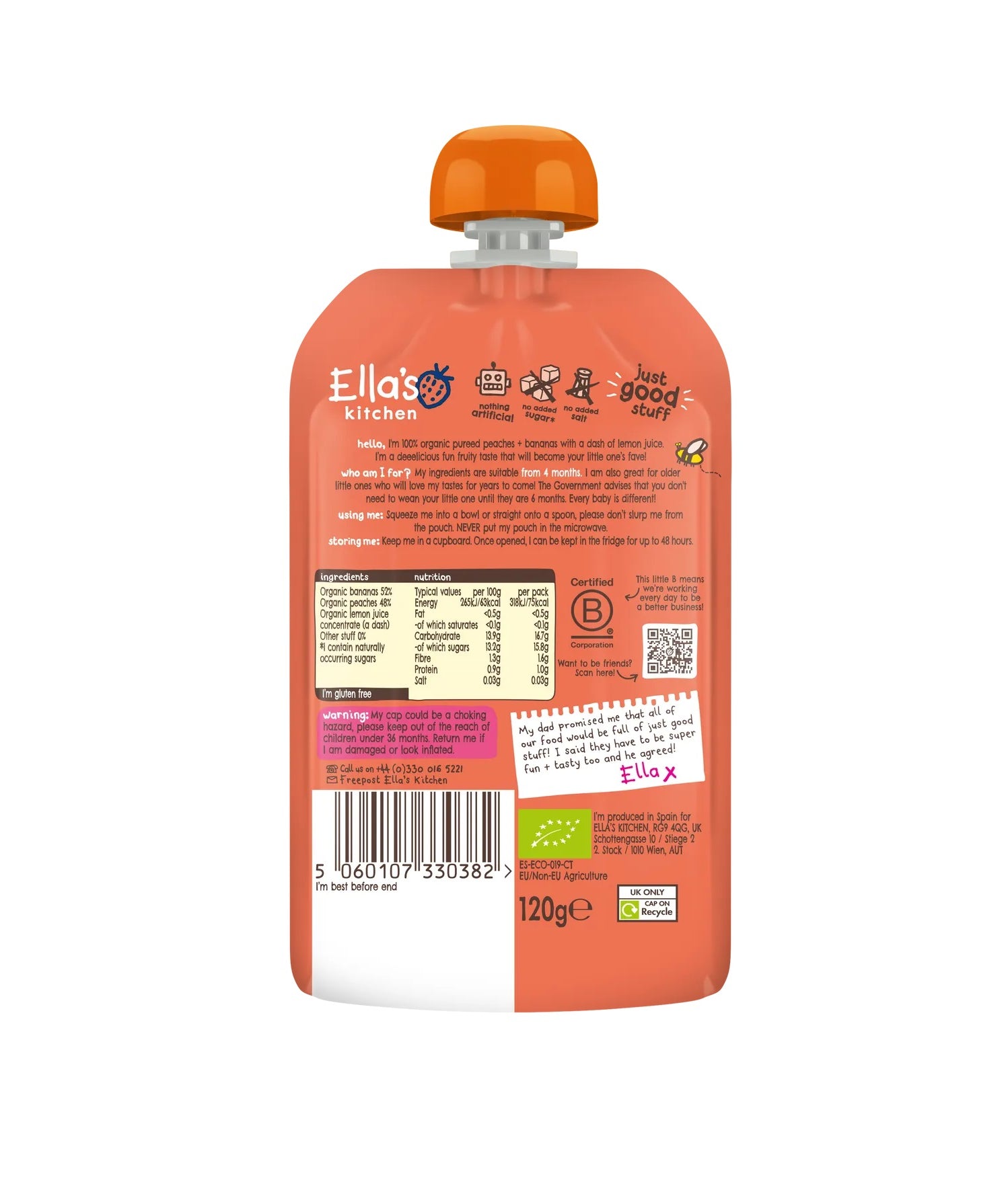 Ella’s Kitchen Organic Peaches & Bananas – Super Smooth Puree for Babies 4-6 Months – 120g – No Added Sugar, Salt, or Water – Naturally Sweet & Gluten-Free – Fully Recyclable - MINIMEE KIDS