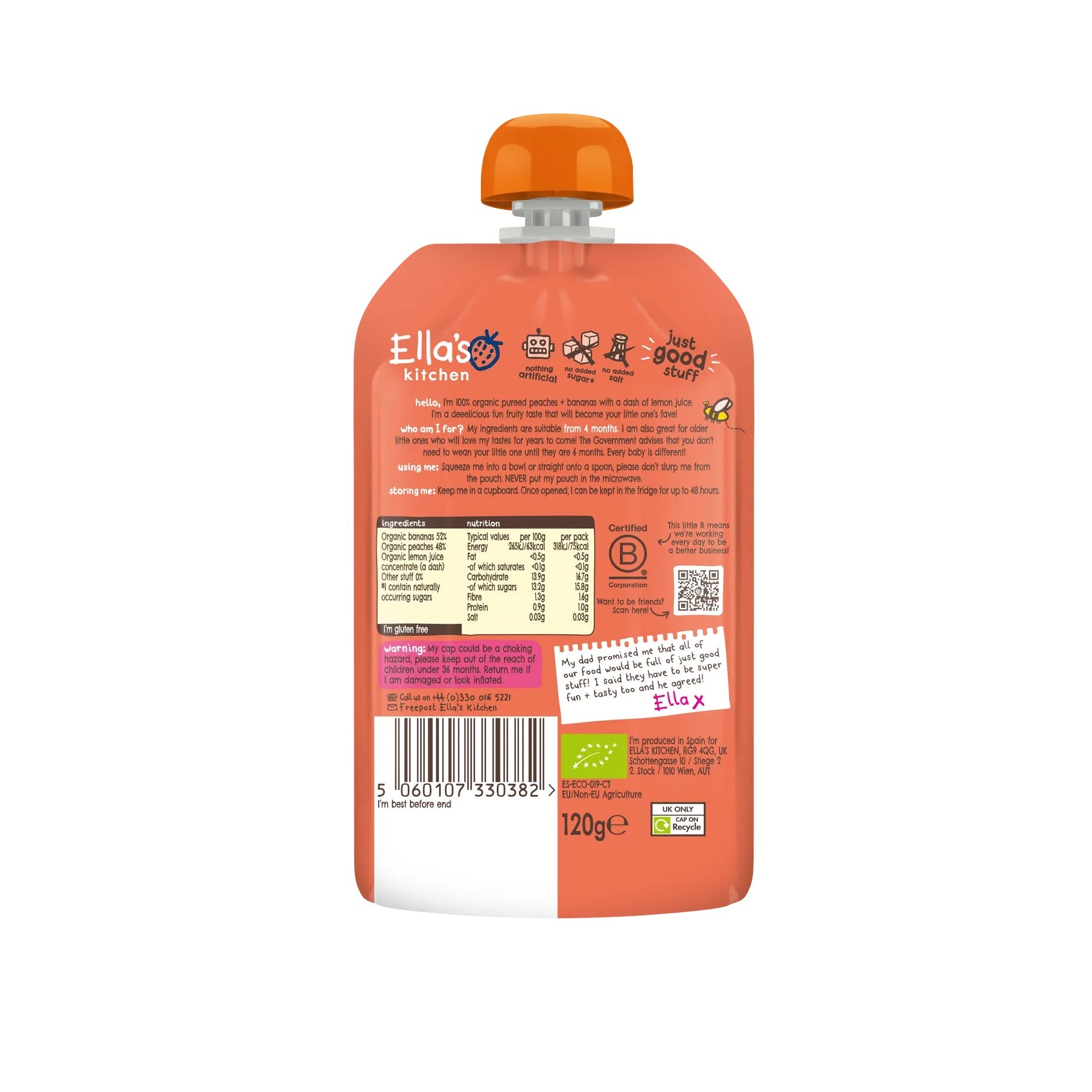 Ella’s Kitchen Organic Peaches & Bananas – Super Smooth Puree for Babies 4-6 Months – 120g – No Added Sugar, Salt, or Water – Naturally Sweet & Gluten-Free – Fully Recyclable