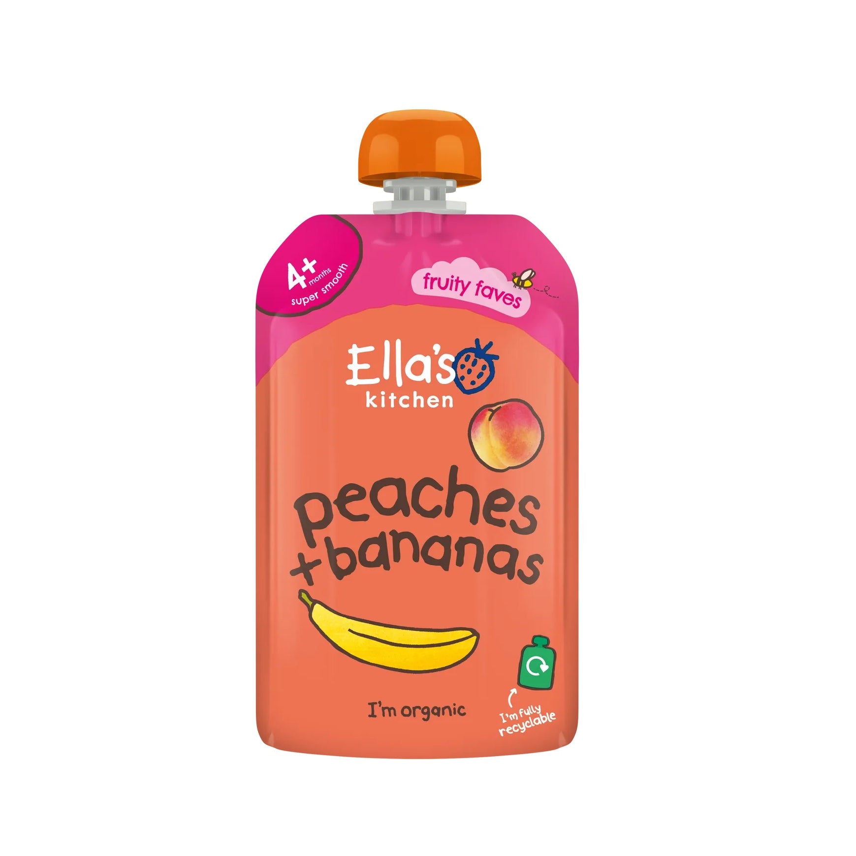 Ella’s Kitchen Organic Peaches & Bananas – Super Smooth Puree for Babies 4-6 Months – 120g – No Added Sugar, Salt, or Water – Naturally Sweet & Gluten-Free – Fully Recyclable