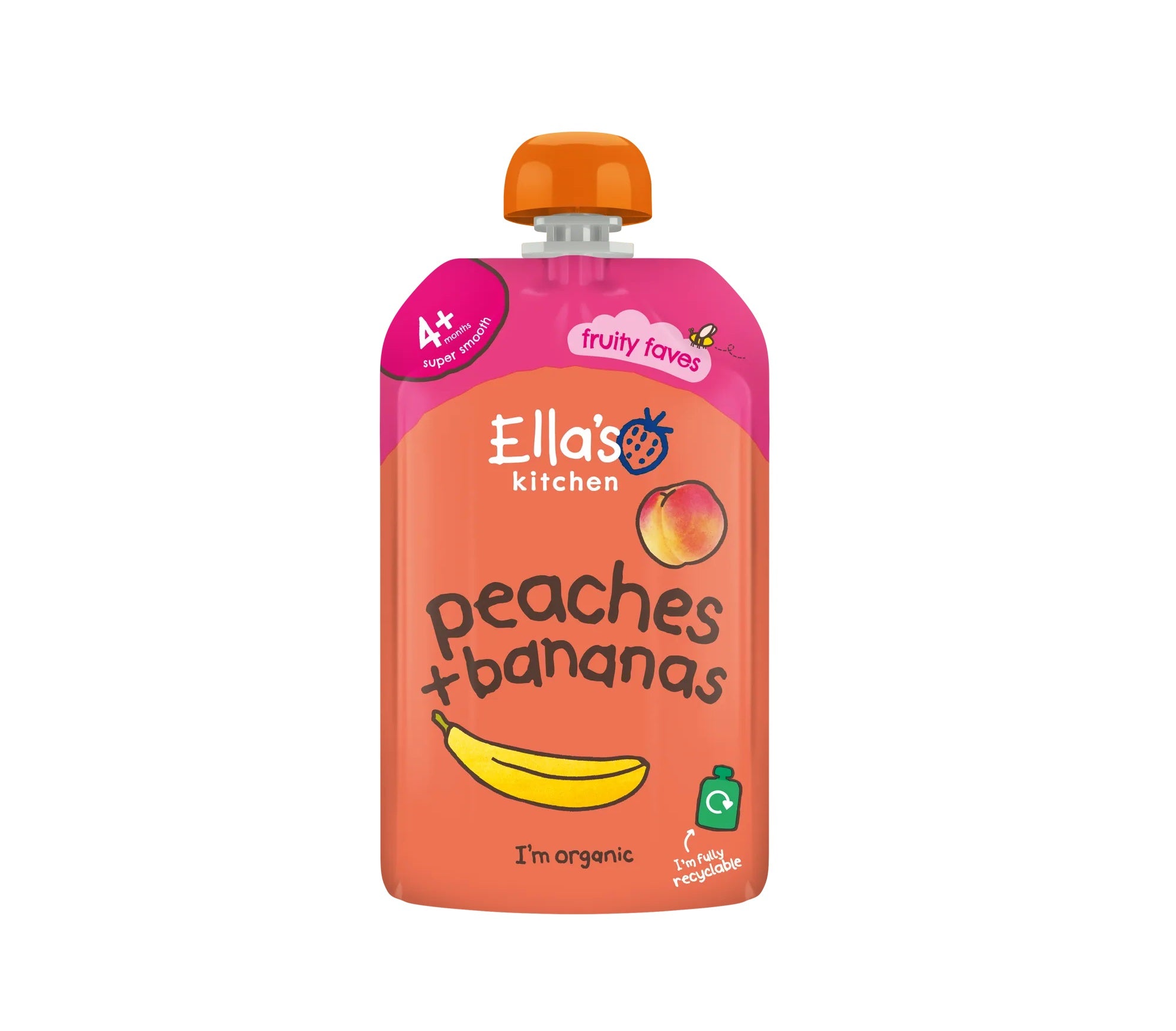 Ella’s Kitchen Organic Peaches & Bananas – Super Smooth Puree for Babies 4-6 Months – 120g – No Added Sugar, Salt, or Water – Naturally Sweet & Gluten-Free – Fully Recyclable