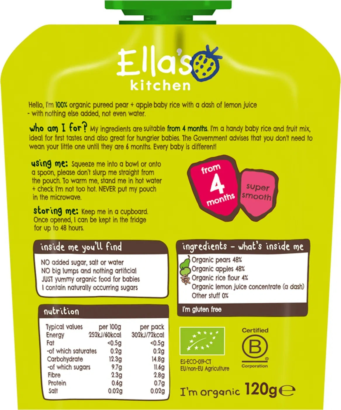 Ella's Kitchen Pear & Apple Baby Rice – Organic Super Smooth Baby Rice Puree for 4+ Months – 120g Pouch – No Added Sugar, Salt, or Water – Naturally Sweet & Gluten-Free
