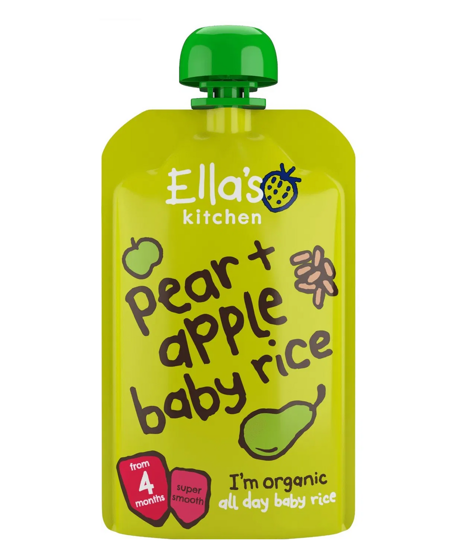 Ella's Kitchen Pear & Apple Baby Rice – Organic Super Smooth Baby Rice Puree for 4+ Months – 120g Pouch – No Added Sugar, Salt, or Water – Naturally Sweet & Gluten-Free