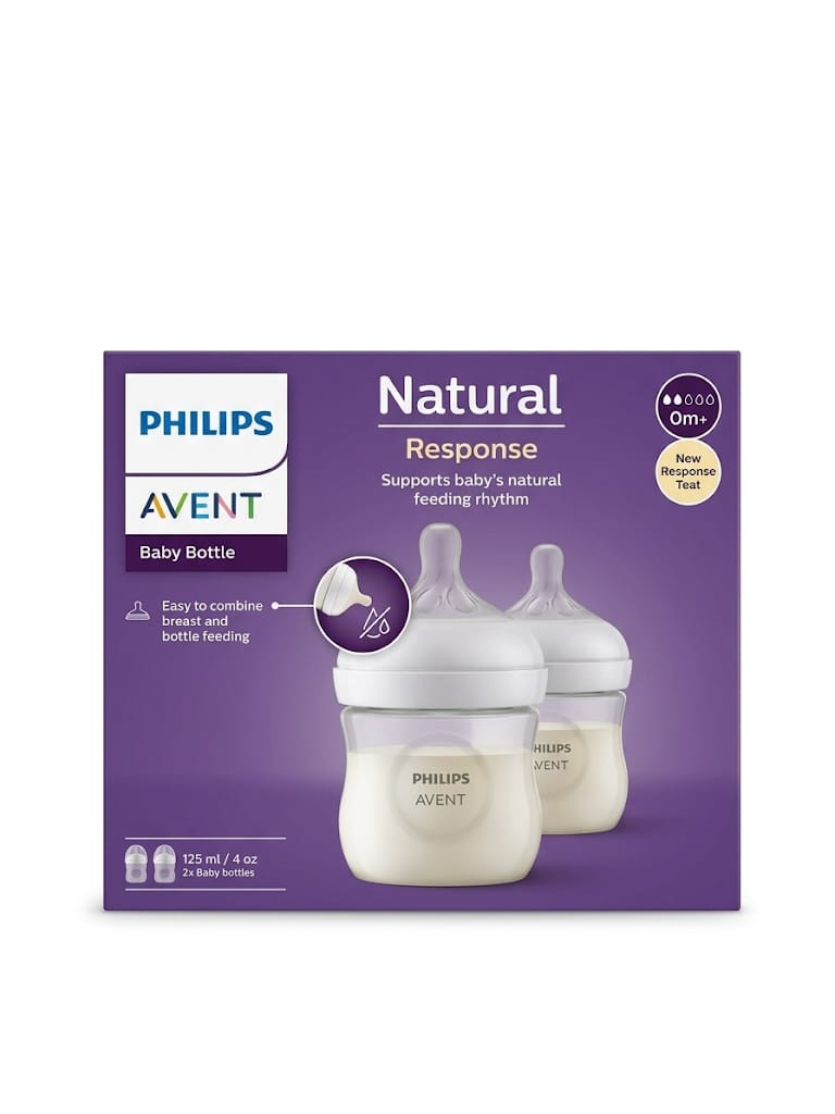 Philips Avent Natural Response Baby Bottle (0m+) 125ml Twin Pack | BPA-Free Anti-Colic Newborn Feeding Bottles | Mimics Breastfeeding Rhythm | No-Drip Teat Design (Set of 2) - MINIMEE KIDS