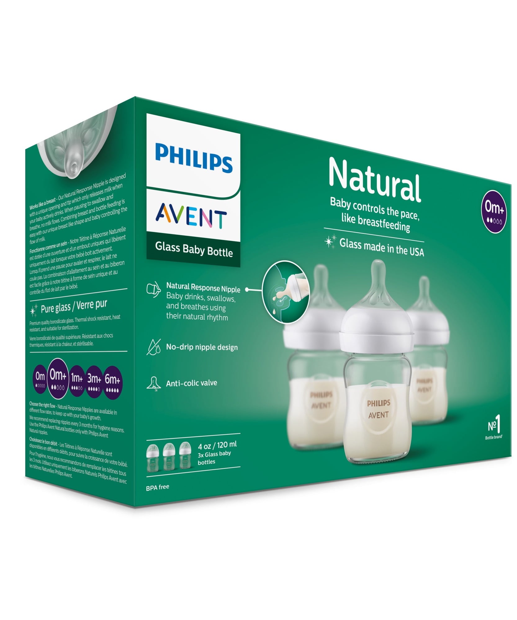 Philips Avent Glass Natural Baby Bottle with Natural Response Nipple, 120ml, 3-Pack | Anti-Colic, BPA-Free, Eco-Friendly, Newborn Feeding Bottle Set with Flow 2 Nipple, Model SCY910/03 - Perfect for 0M+ Infants