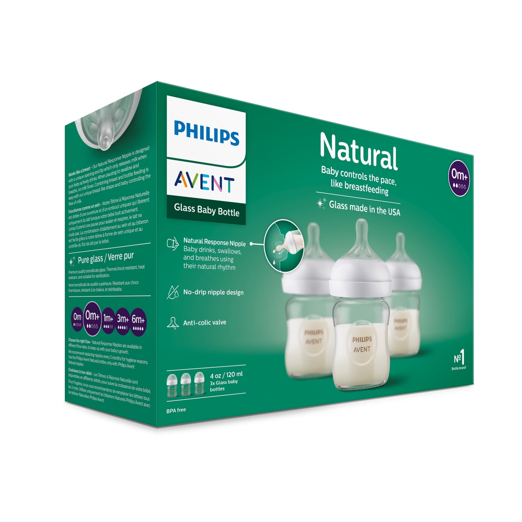 Philips Avent Glass Natural Baby Bottle with Natural Response Nipple, 120ml, 3-Pack | Anti-Colic, BPA-Free, Eco-Friendly, Newborn Feeding Bottle Set with Flow 2 Nipple, Model SCY910/03 - Perfect for 0M+ Infants