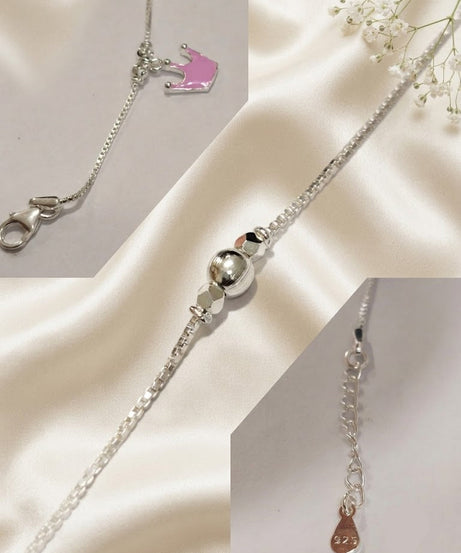 Pink Crown Enamel 925 Sterling Silver Baby Anklets | Handcrafted Adjustable Payal for Infants & Toddlers | Set of 2 | minimee kids