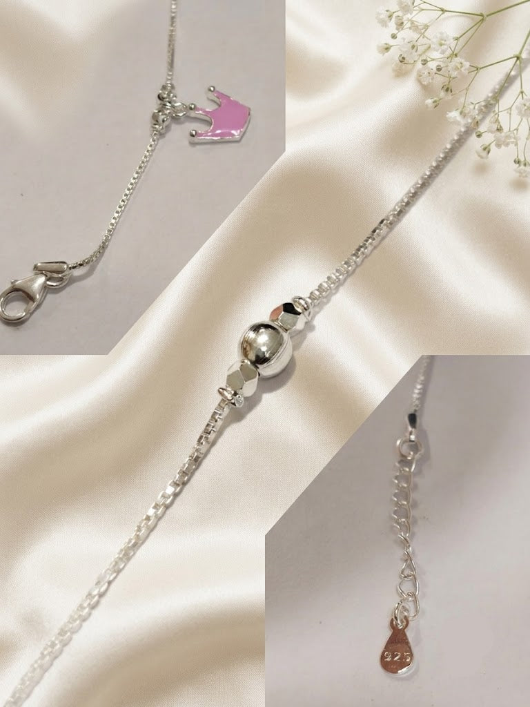 Pink Crown Enamel 925 Sterling Silver Baby Anklets | Handcrafted Adjustable Payal for Infants & Toddlers | Set of 2 | minimee kids