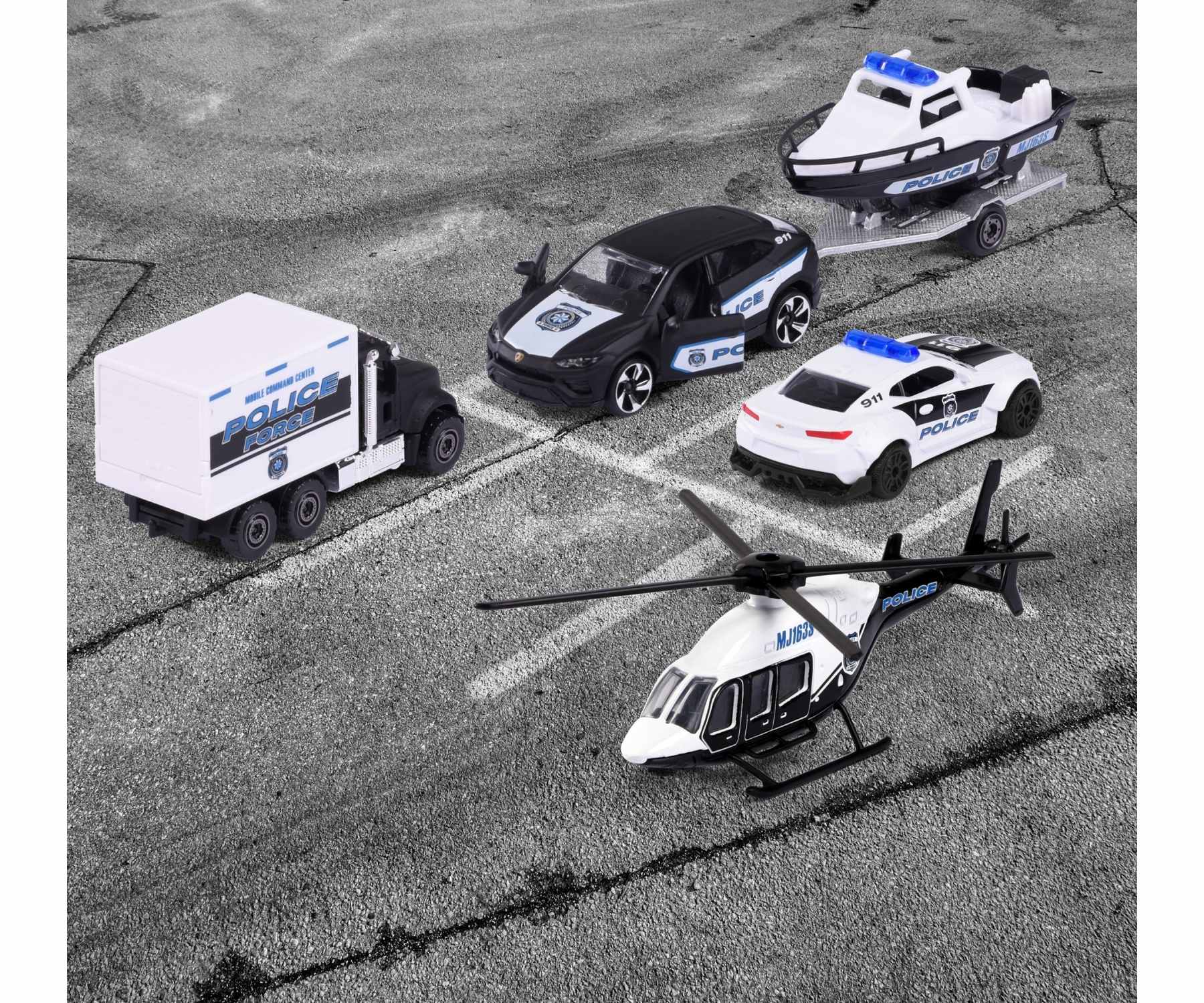 Majorette Police Force 4-Piece Die-Cast Vehicle Gift Set – Police Car, Truck, Helicopter & Boat Trailer – Realistic Emergency Vehicles for Kids 3+ Years