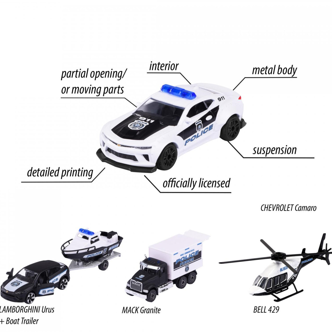 Majorette Police Force 4-Piece Die-Cast Vehicle Gift Set – Police Car, Truck, Helicopter & Boat Trailer – Realistic Emergency Vehicles for Kids 3+ Years