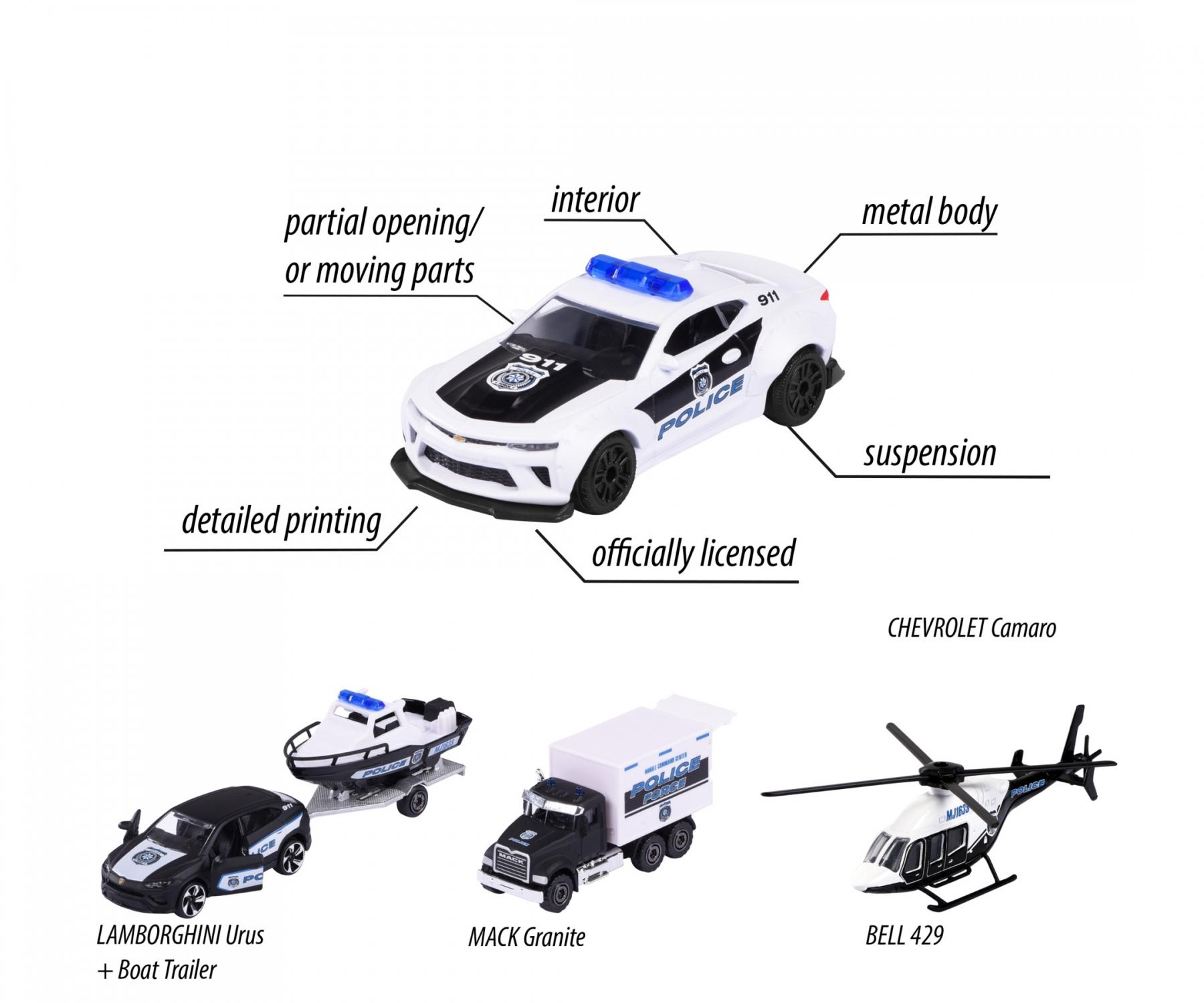 Majorette Police Force 4-Piece Die-Cast Vehicle Gift Set – Police Car, Truck, Helicopter & Boat Trailer – Realistic Emergency Vehicles for Kids 3+ Years