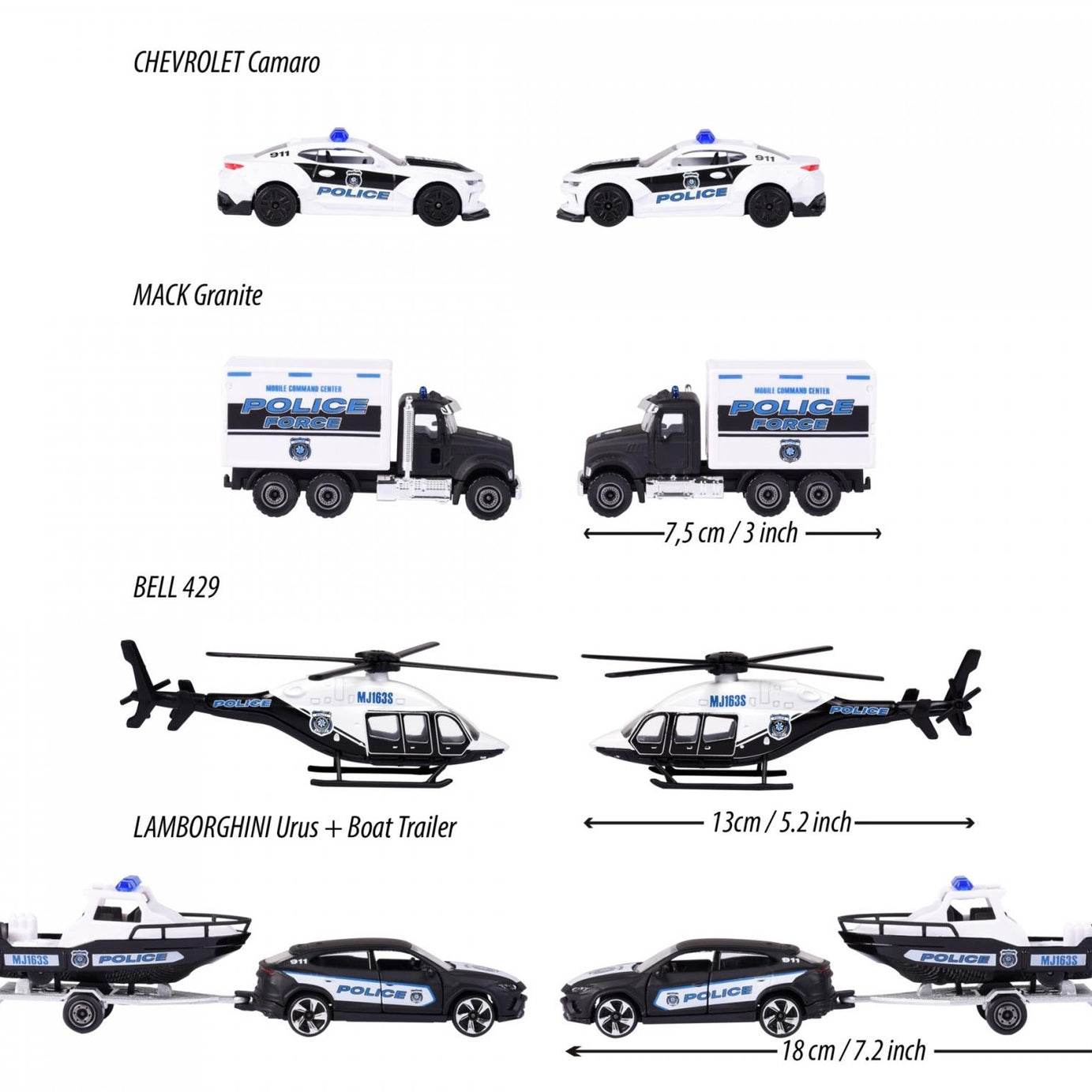 Majorette Police Force 4-Piece Die-Cast Vehicle Gift Set – Police Car, Truck, Helicopter & Boat Trailer – Realistic Emergency Vehicles for Kids 3+ Years