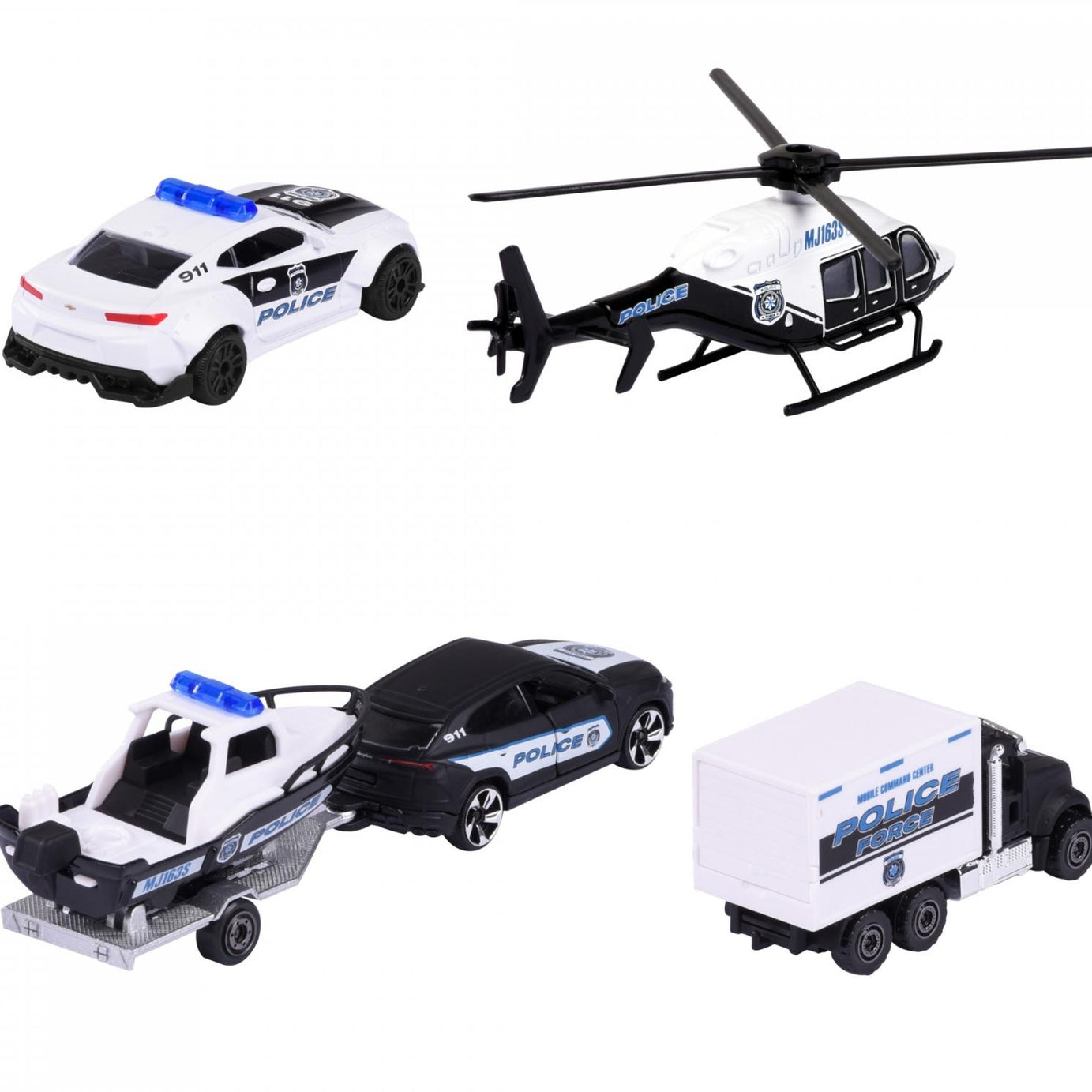 Majorette Police Force 4-Piece Die-Cast Vehicle Gift Set – Police Car, Truck, Helicopter & Boat Trailer – Realistic Emergency Vehicles for Kids 3+ Years