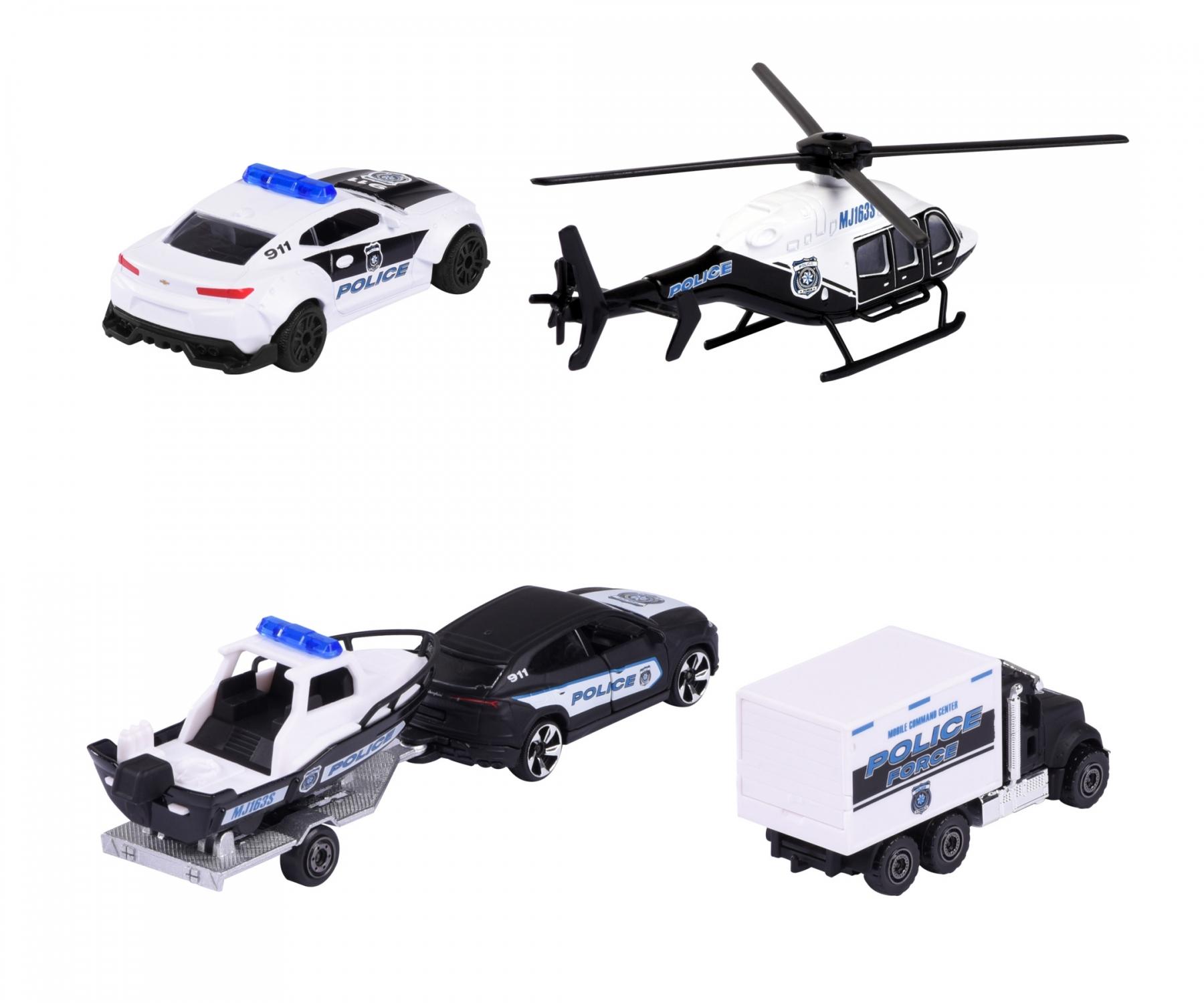 Majorette Police Force 4-Piece Die-Cast Vehicle Gift Set – Police Car, Truck, Helicopter & Boat Trailer – Realistic Emergency Vehicles for Kids 3+ Years