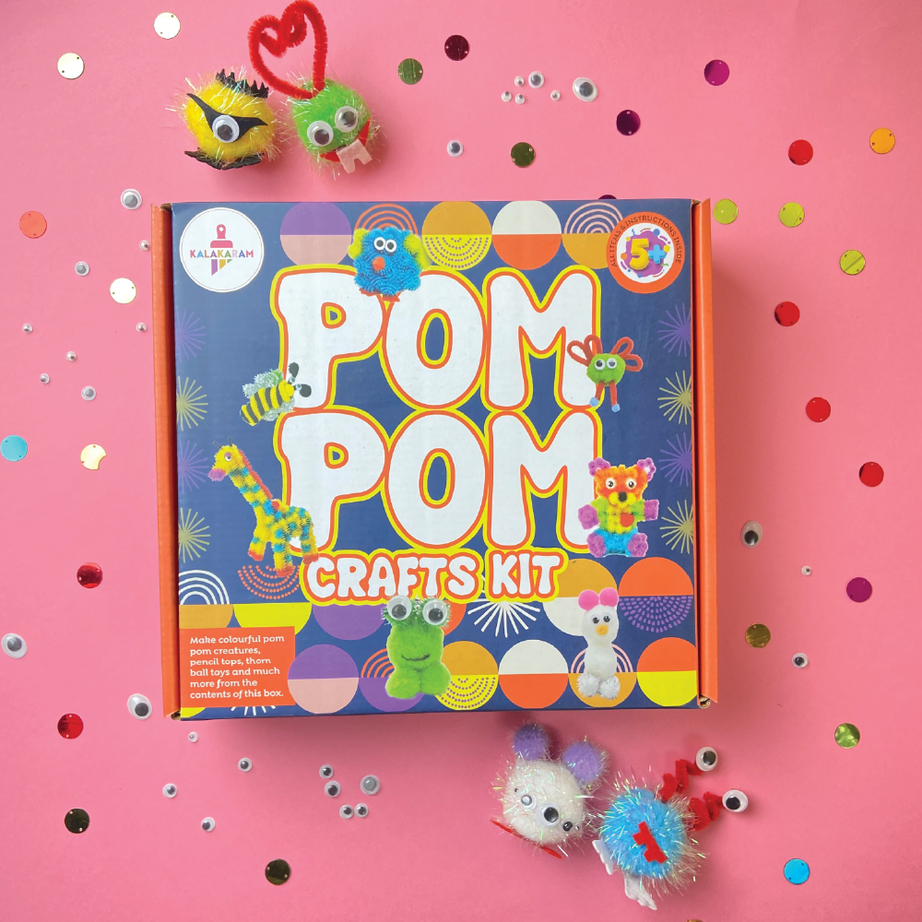 Kalakaram Pom Pom Crafts Kit - Create Colorful Creatures, Pencil Tops & More | Includes Fur Sticks, Thorn Ball Clusters, Pom-Poms, Googly Eyes | Made in India