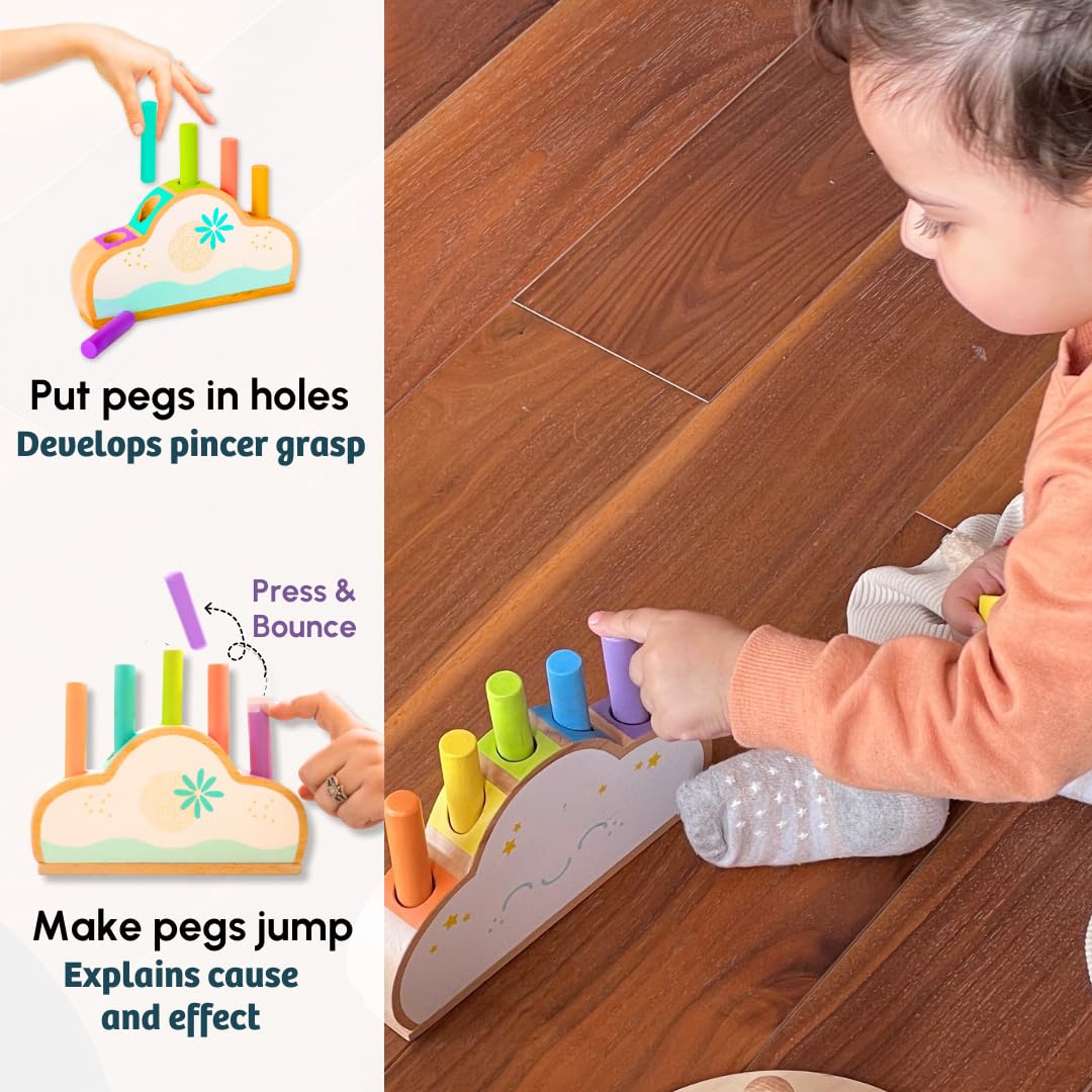 Curious Cub Wooden Pop-Up Pegs Toy, Montessori-Inspired Educational Toy for Ages 12 Months+ | Develops Fine Motor Skills, Hand-Eye Coordination, and Object Permanence
