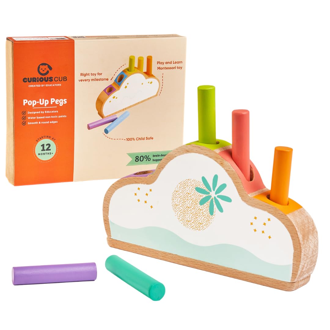 Curious Cub Wooden Pop-Up Pegs Toy, Montessori-Inspired Educational Toy for Ages 12 Months+ | Develops Fine Motor Skills, Hand-Eye Coordination, and Object Permanence