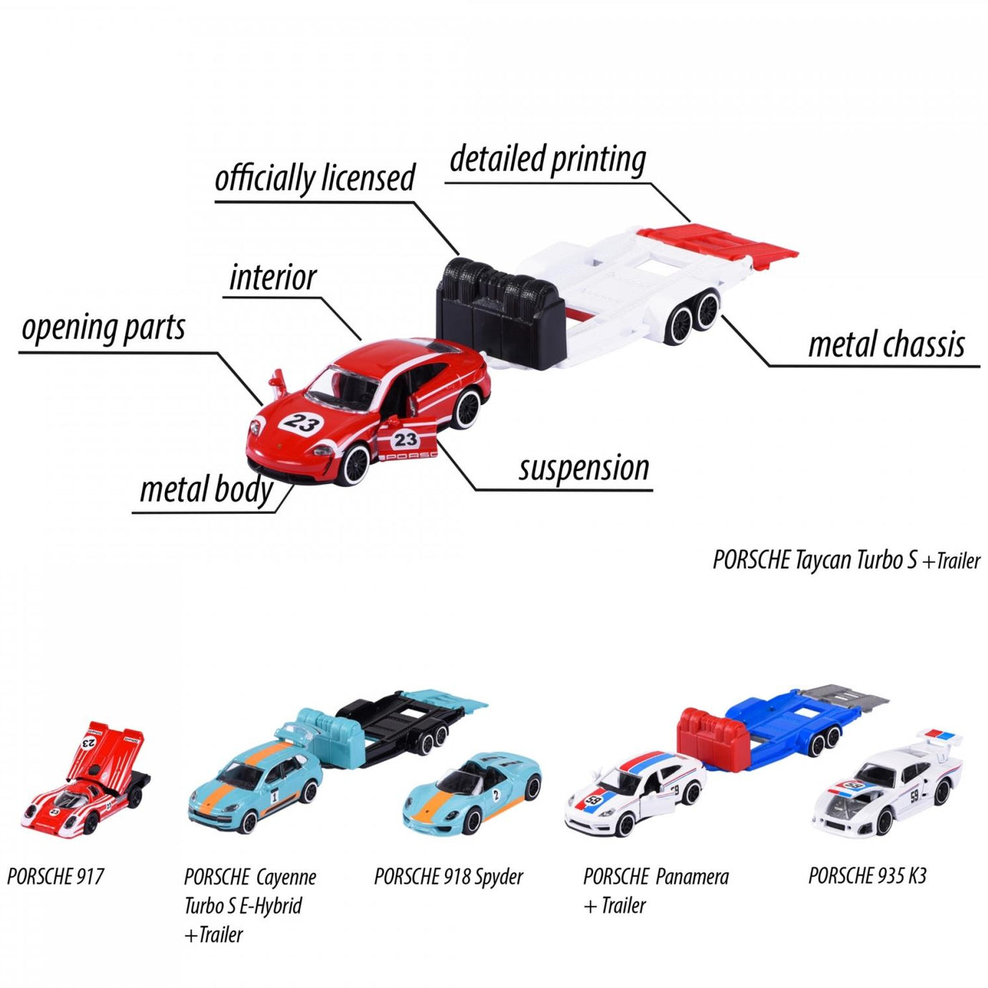 Majorette Porsche Race Trailer Set – Officially Licensed 1:64 Scale Die-Cast Toy Cars with Trailer | Porsche Cayenne, Panamera, Taycan with Matching Race Cars | Metal Body & Opening Parts | Ages 3+