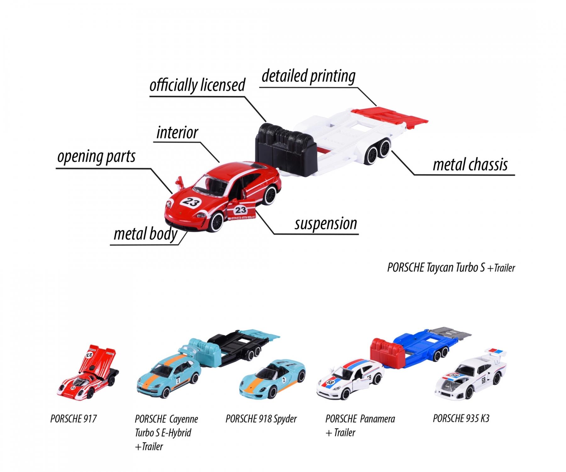 Majorette Porsche Race Trailer Set – Officially Licensed 1:64 Scale Die-Cast Toy Cars with Trailer | Porsche Cayenne, Panamera, Taycan with Matching Race Cars | Metal Body & Opening Parts | Ages 3+