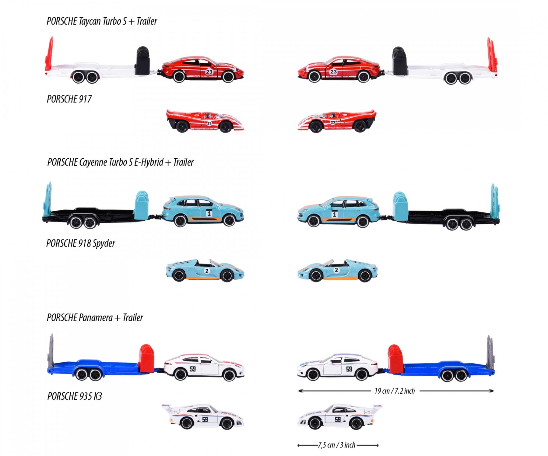 Majorette Porsche Race Trailer Set – Officially Licensed 1:64 Scale Die-Cast Toy Cars with Trailer | Porsche Cayenne, Panamera, Taycan with Matching Race Cars | Metal Body & Opening Parts | Ages 3+