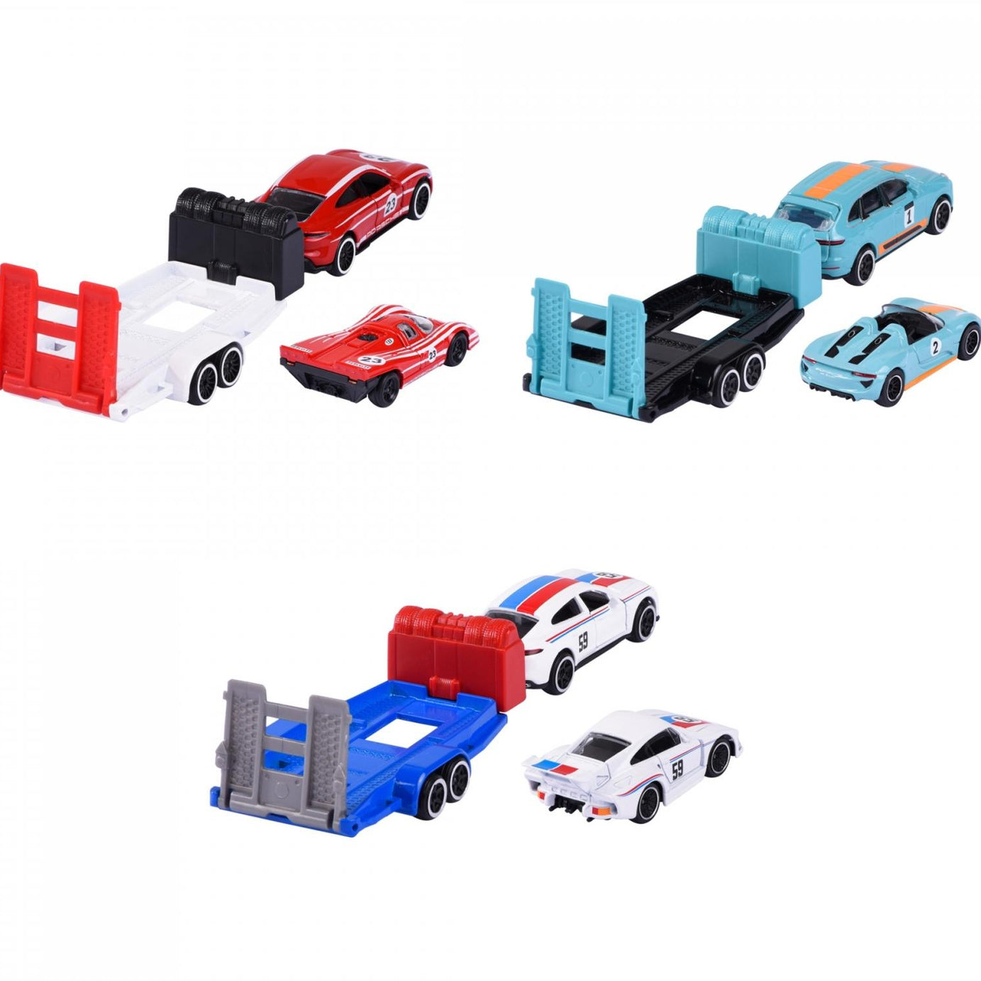 Majorette Porsche Race Trailer Set – Officially Licensed 1:64 Scale Die-Cast Toy Cars with Trailer | Porsche Cayenne, Panamera, Taycan with Matching Race Cars | Metal Body & Opening Parts | Ages 3+