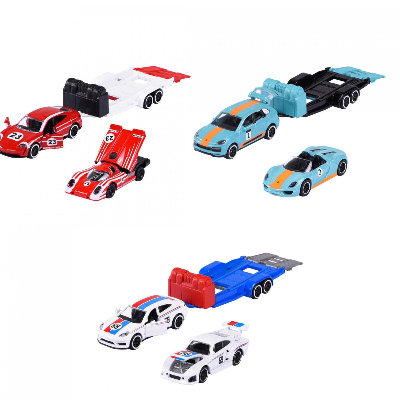 Majorette Porsche Race Trailer Set – Officially Licensed 1:64 Scale Die-Cast Toy Cars with Trailer | Porsche Cayenne, Panamera, Taycan with Matching Race Cars | Metal Body & Opening Parts | Ages 3+