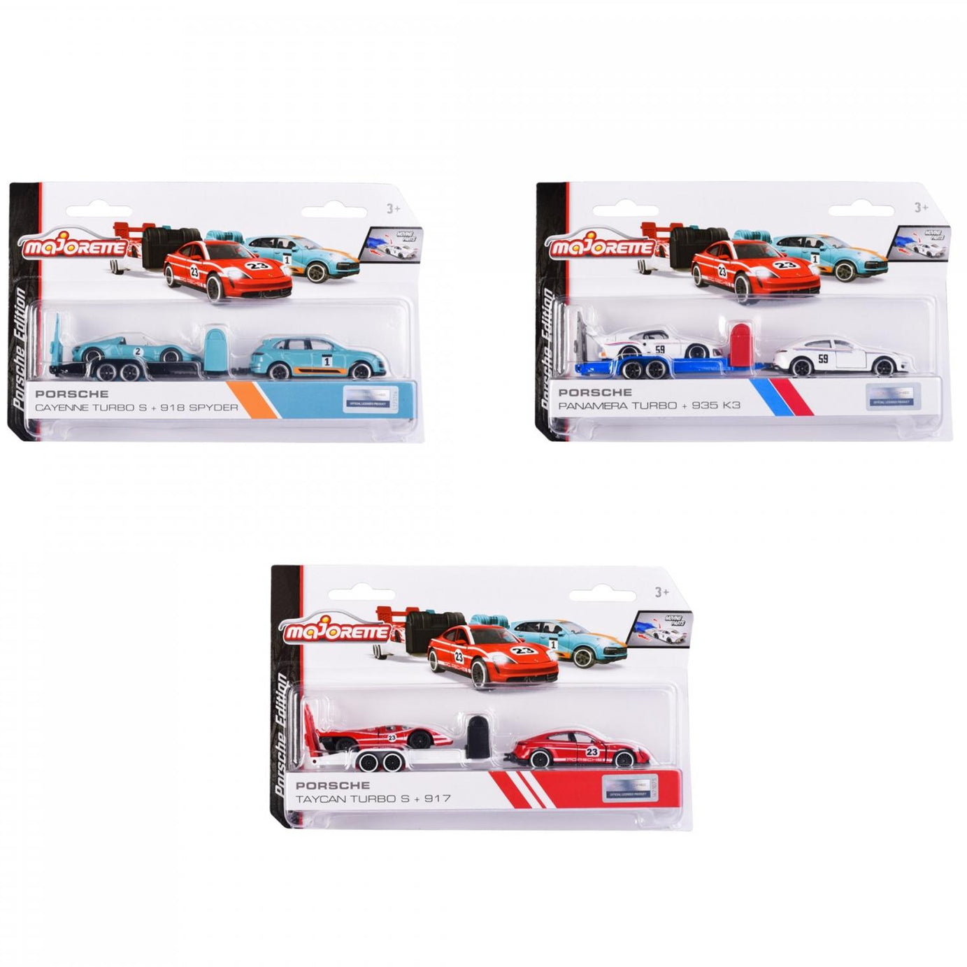Majorette Porsche Race Trailer Set – Officially Licensed 1:64 Scale Die-Cast Toy Cars with Trailer | Porsche Cayenne, Panamera, Taycan with Matching Race Cars | Metal Body & Opening Parts | Ages 3+