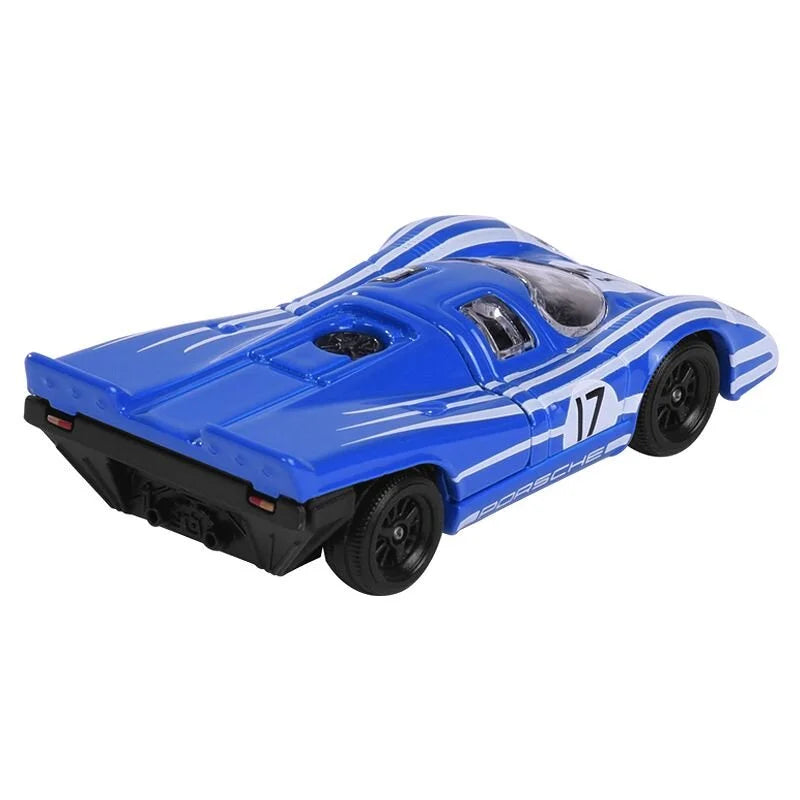 Majorette Porsche 917 Die-Cast Car - Porsche Edition 1:64 Scale | Blue & White Racing Livery | Opening Engine Cover | Collector’s Card Included
