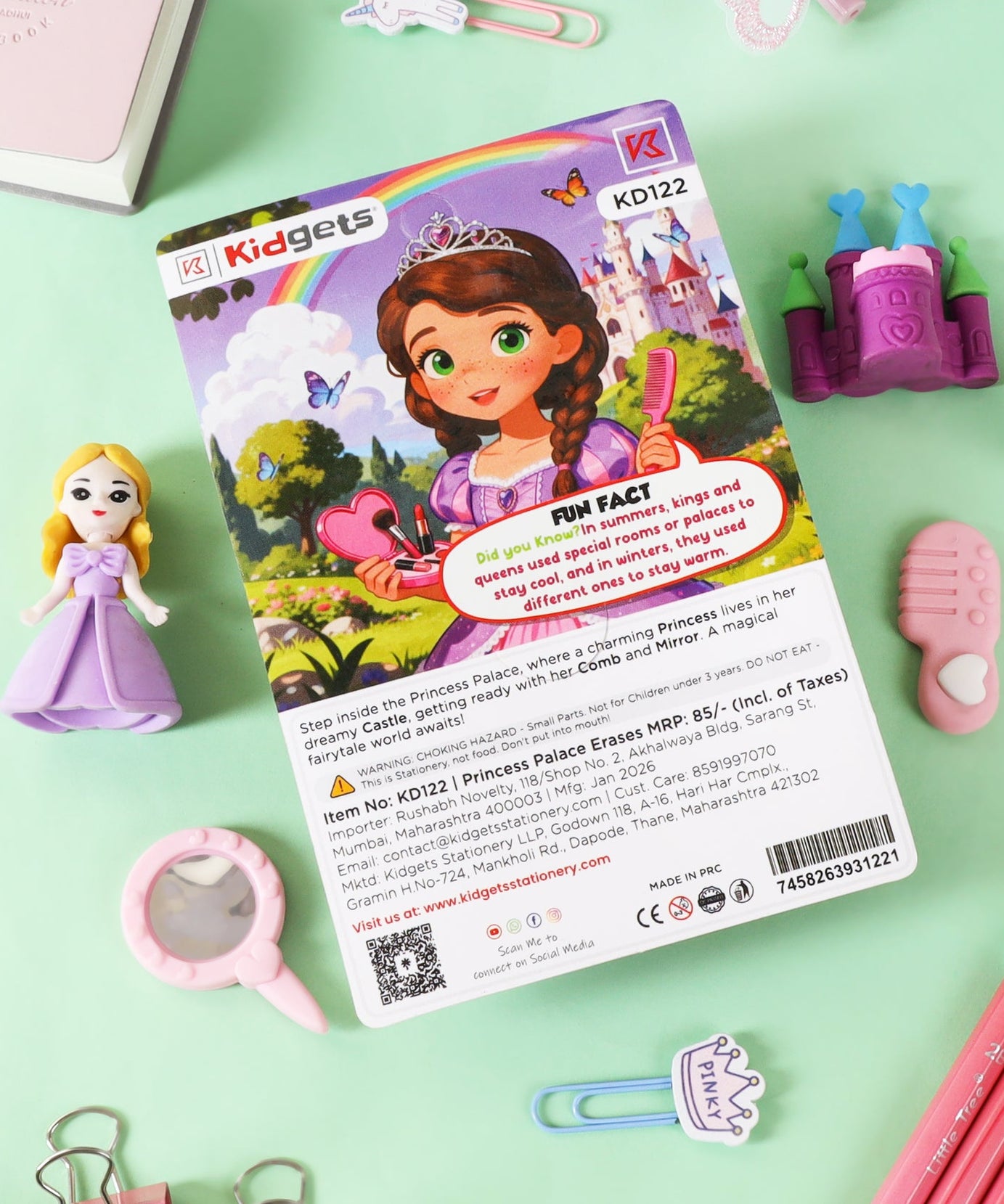Kidgets KD122 Princess Palace 3D Eraser Set | 4-Piece Fairytale Stationery Kit with Princess & Castle | Fun Collectible Puzzle Erasers for Kids