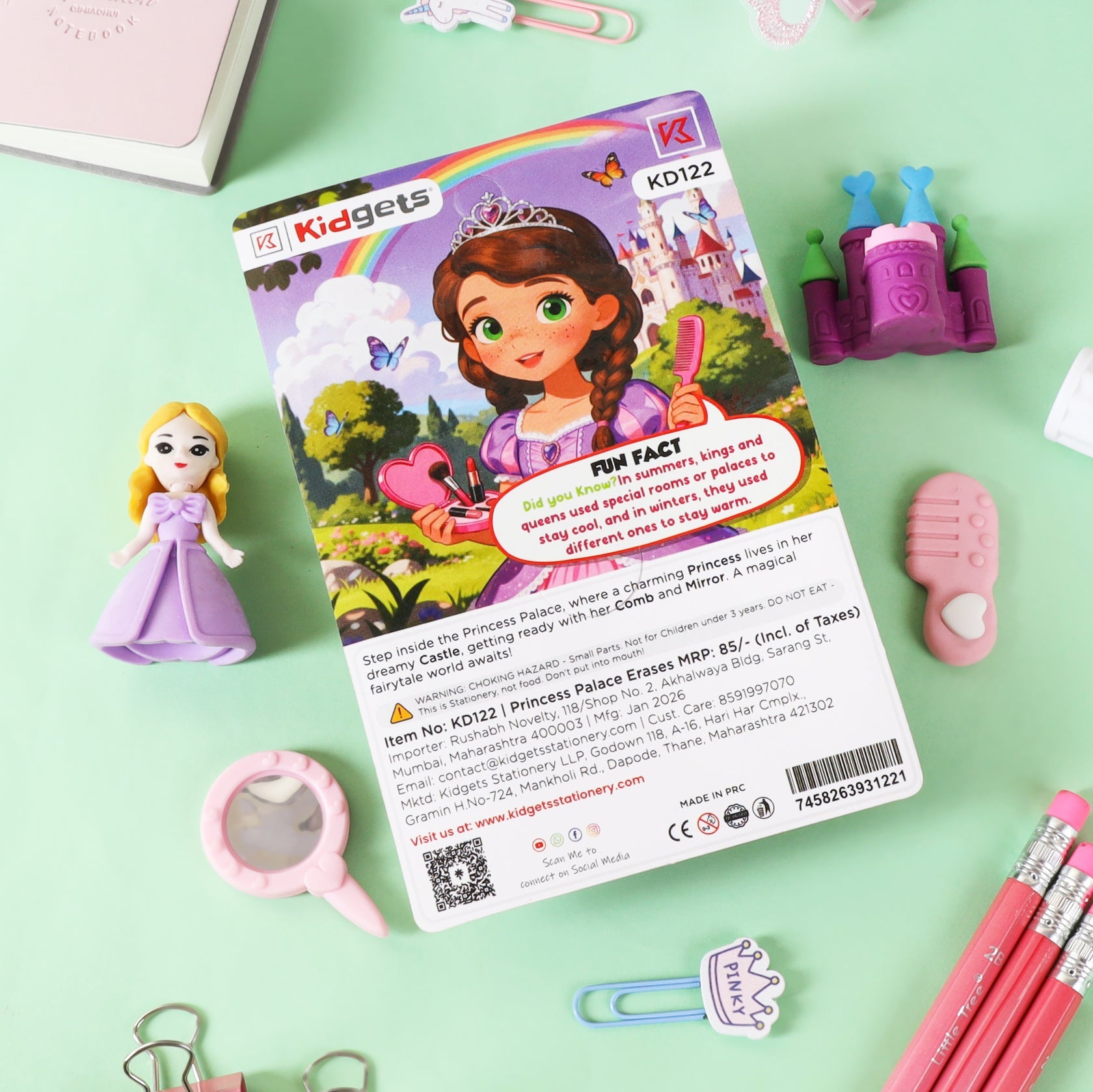 Kidgets KD122 Princess Palace 3D Eraser Set | 4-Piece Fairytale Stationery Kit with Princess & Castle | Fun Collectible Puzzle Erasers for Kids