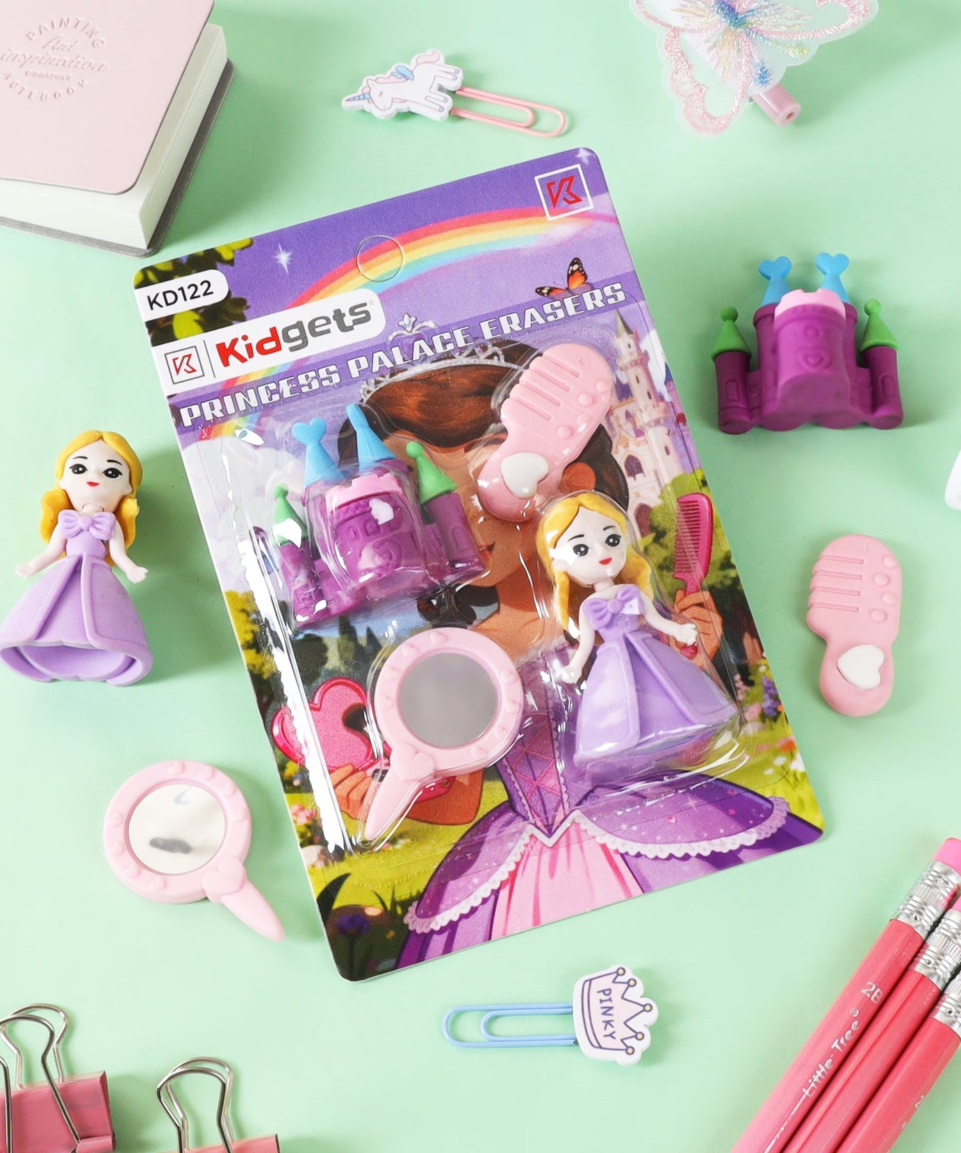 Kidgets KD122 Princess Palace 3D Eraser Set | 4-Piece Fairytale Stationery Kit with Princess & Castle | Fun Collectible Puzzle Erasers for Kids