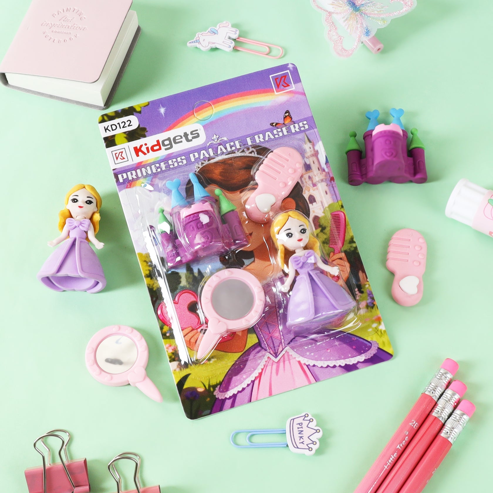 Kidgets KD122 Princess Palace 3D Eraser Set | 4-Piece Fairytale Stationery Kit with Princess & Castle | Fun Collectible Puzzle Erasers for Kids