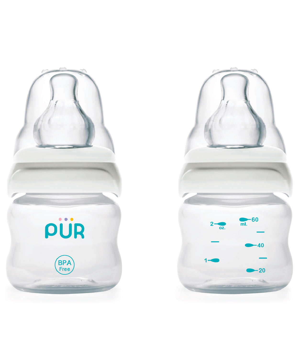 Pur Standard Neck Glass Feeding Bottle (60ml/2oz) | Anti-Colic Nipple with Air Valve for Newborns 0m+ | BPA-Free & Thermally Shock-Resistant