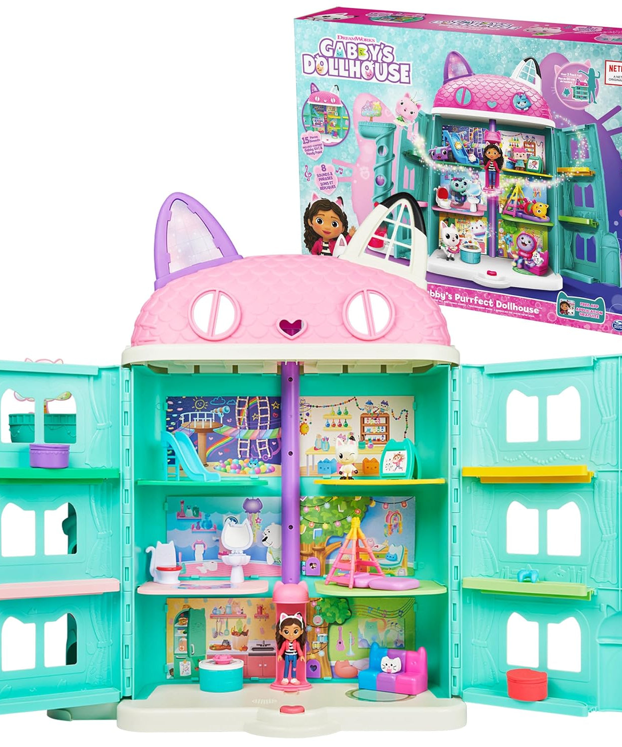 Gabby’s Dollhouse Purrfect Dollhouse – 2-Foot Tall Playhouse with Lights, Sounds, and Accessories for Ages 3+