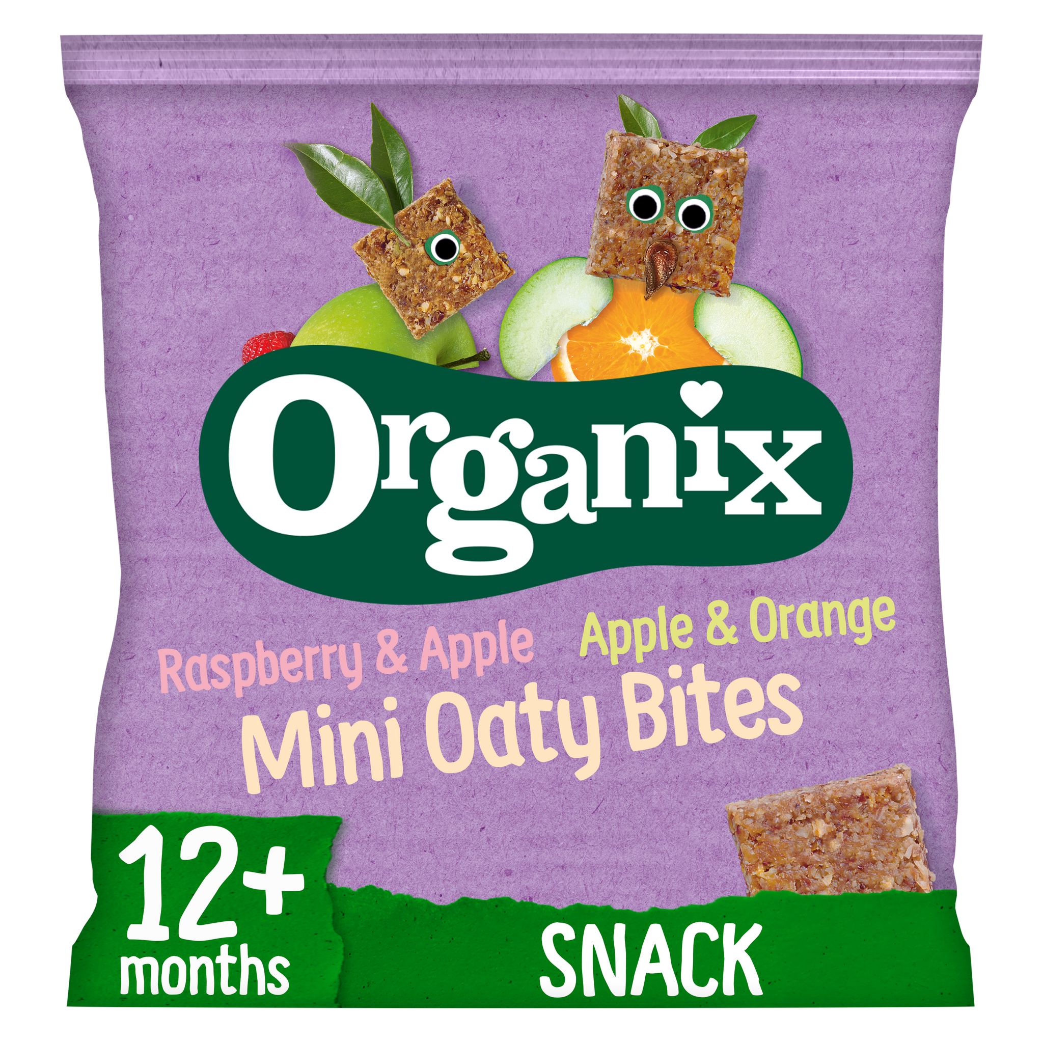 Organix Mini Oaty Bites - Raspberry & Apple and Apple & Orange (Bag of 10g Bites) | 100% Organic Wholegrain Toddler Snacks for 12 Months+ | High Fibre, Vegan & No Junk Promise - MINIMEE KIDS