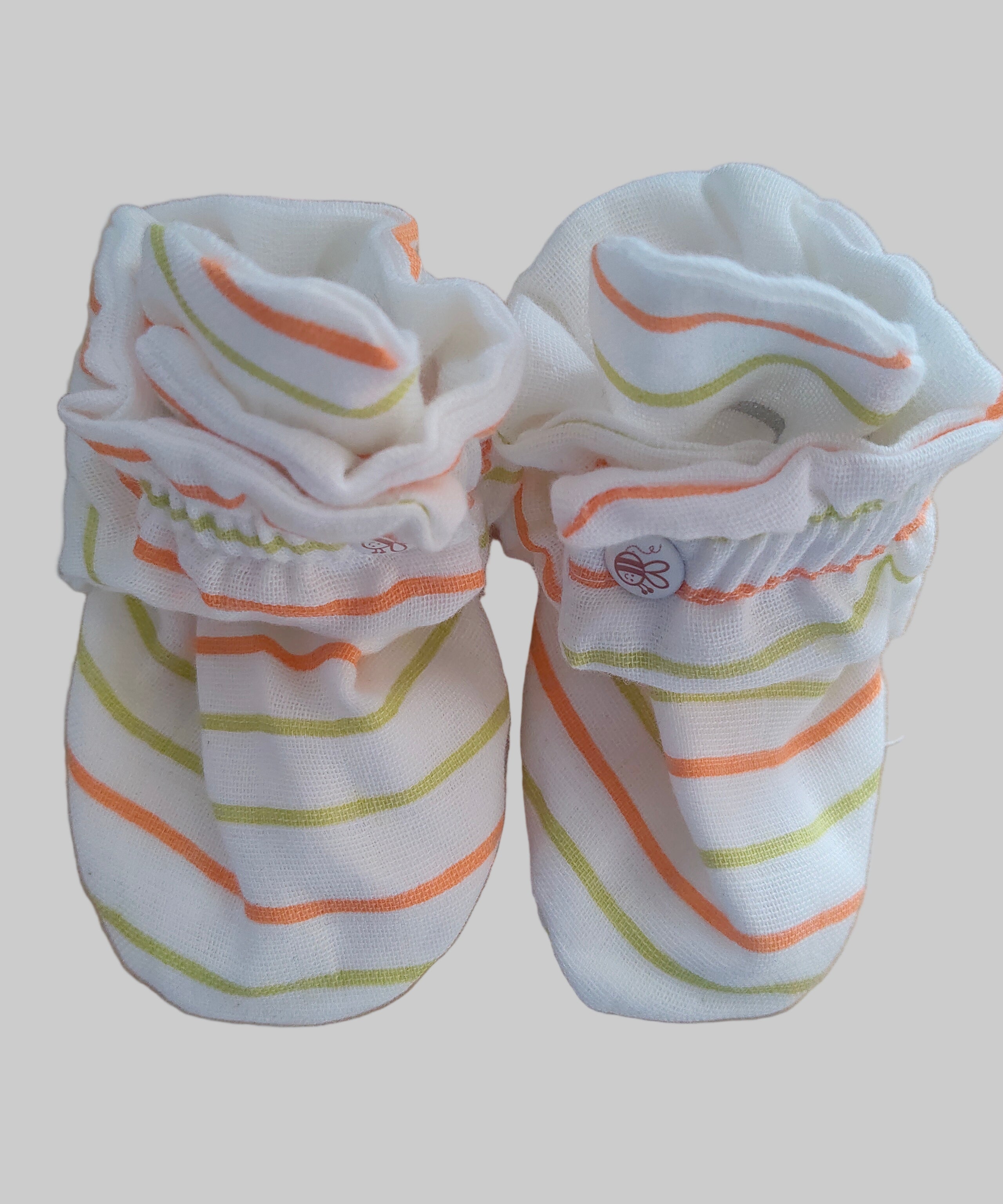 BeeLittle Solid Stripes Organic Muslin Booties (0-6 Months) – Ultra-Soft, Breathable & Lightweight Cotton Newborn Footwear for Boys & Girls