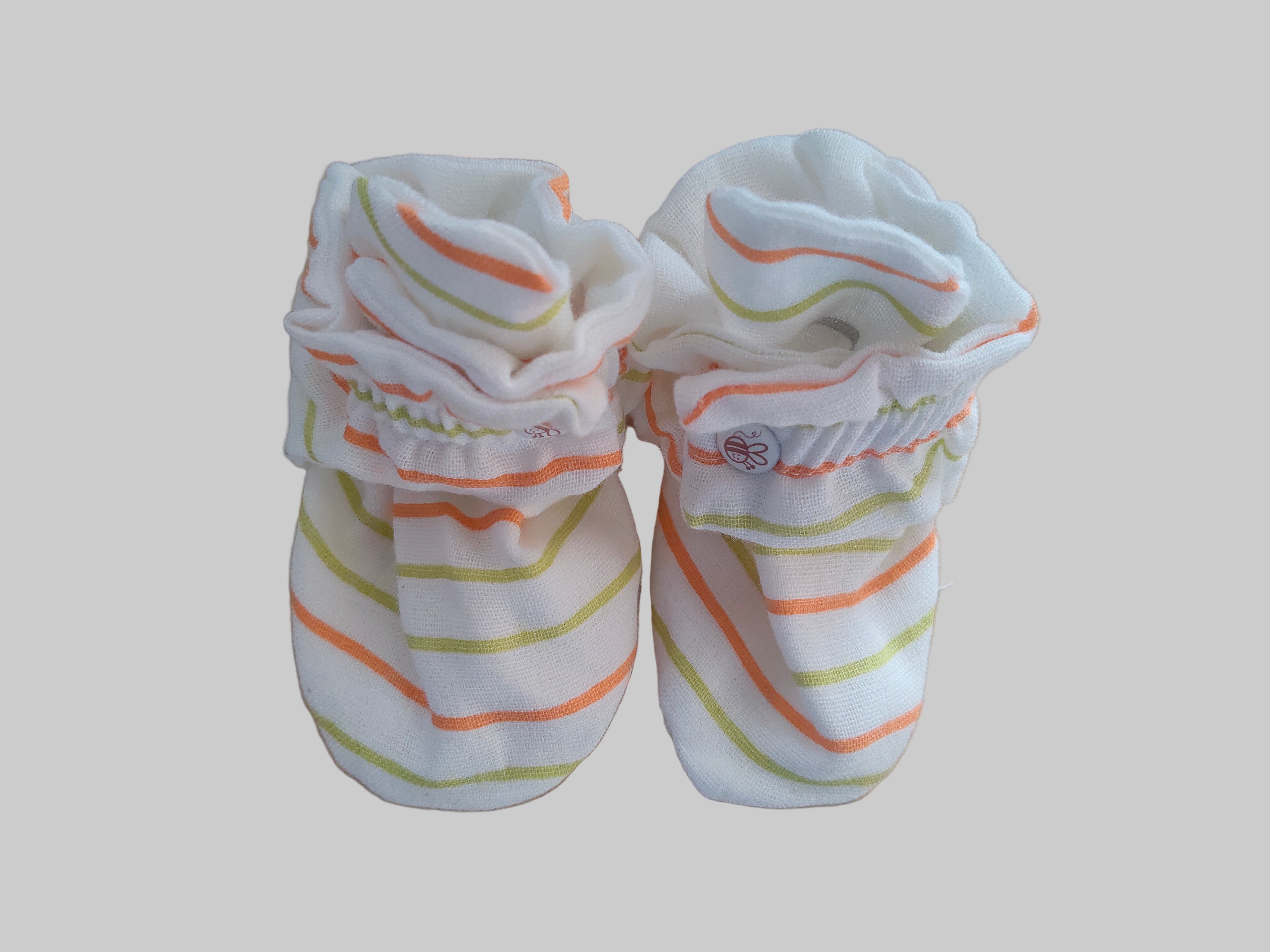 BeeLittle Solid Stripes Organic Muslin Booties (0-6 Months) – Ultra-Soft, Breathable & Lightweight Cotton Newborn Footwear for Boys & Girls
