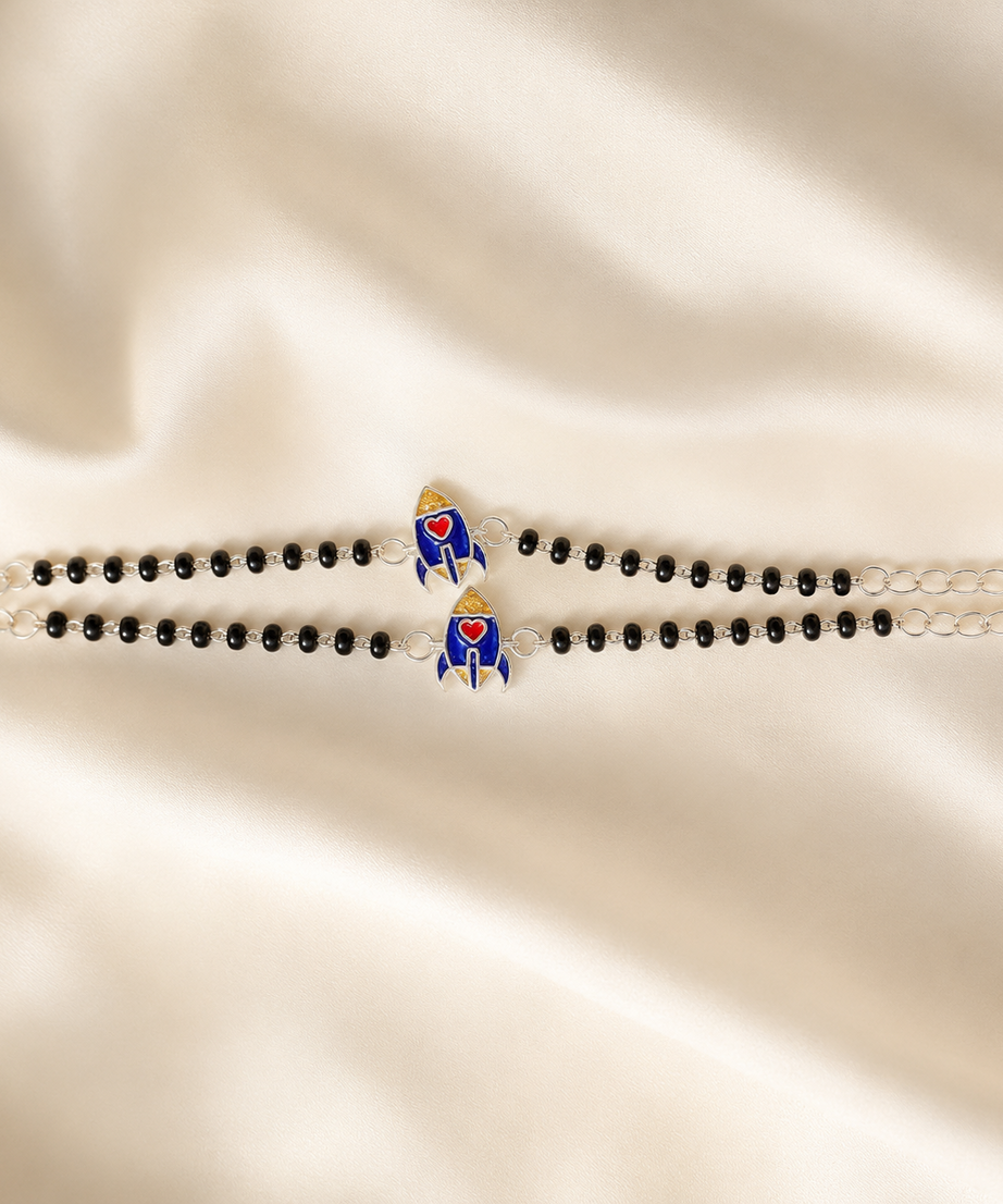 Rocket Design 925 Sterling Silver Baby Nazariya | Protective Black Bead Bracelets for Infants | Set of 2