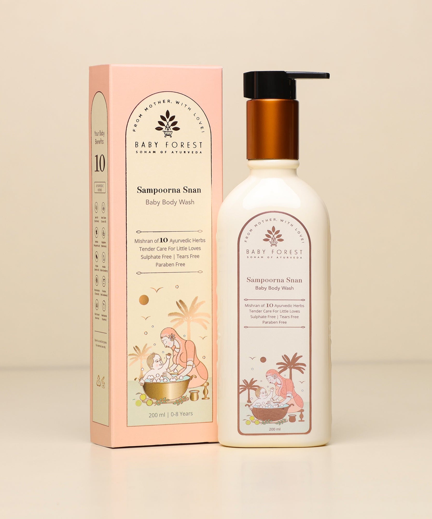 Baby Forest Sampoorna Snan Baby Body Wash with 10 Ayurvedic Herbs – Oat Kernel, Aloe Vera, Jasmine Oil & More | Sulphate-Free, Tear-Free, Paraben-Free Cleanser (200ml) - MINIMEE KIDS