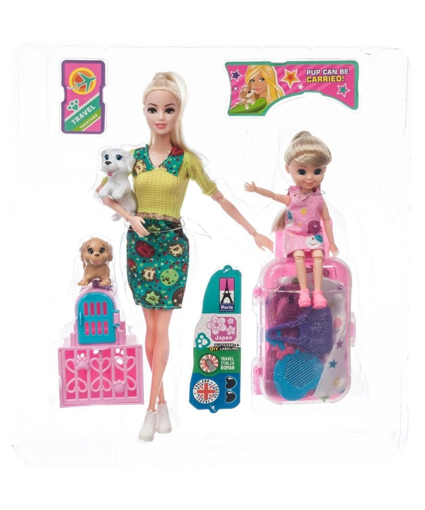 Sasha Doll Travel Playset with Mother, Daughter, Pets, and Accessories - Pup Can be Carried | Imaginative Play for Girls 3+ Years | Color May be Slightly Vary - MINIMEE KIDS