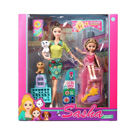 Sasha Doll Travel Playset with Mother, Daughter, Pets, and Accessories - Pup Can be Carried | Imaginative Play for Girls 3+ Years | Color May be Slightly Vary