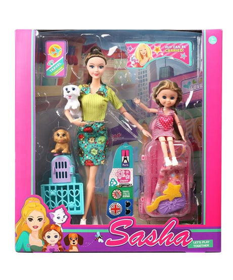 Sasha Doll Travel Playset with Mother, Daughter, Pets, and Accessories - Pup Can be Carried | Imaginative Play for Girls 3+ Years | Color May be Slightly Vary - MINIMEE KIDS