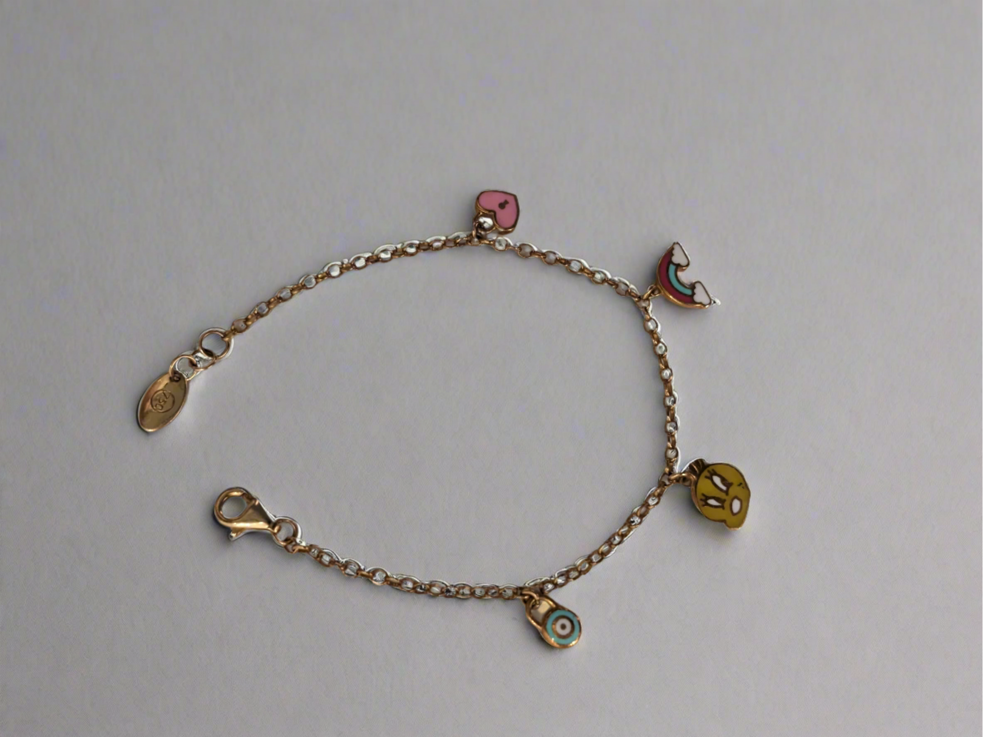 Evil Eye, Red Rainbow, Bunny and Pink Love Kids Charming Bracelet - 18k Gold