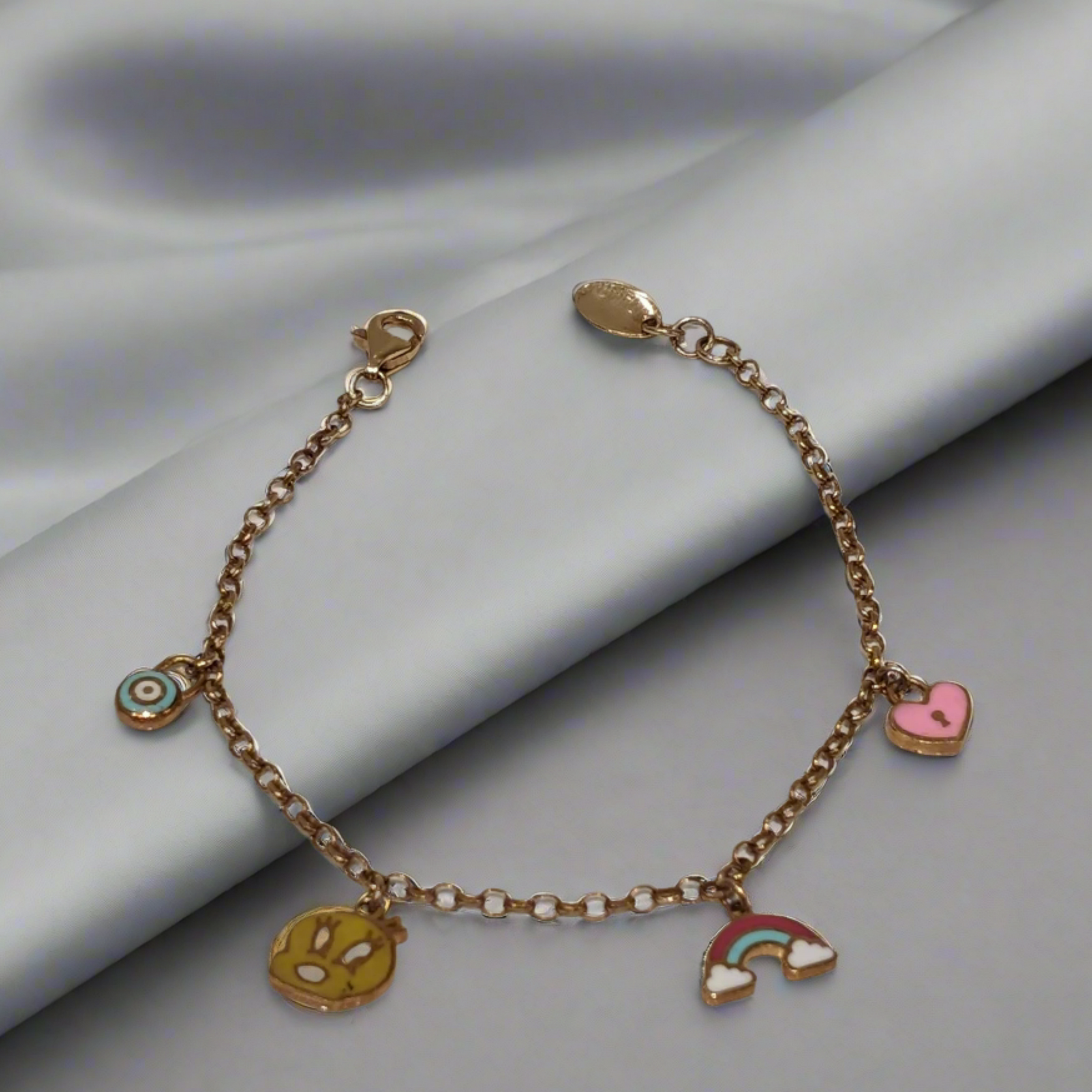 Evil Eye, Red Rainbow, Bunny and Pink Love Kids Charming Bracelet - 18k Gold