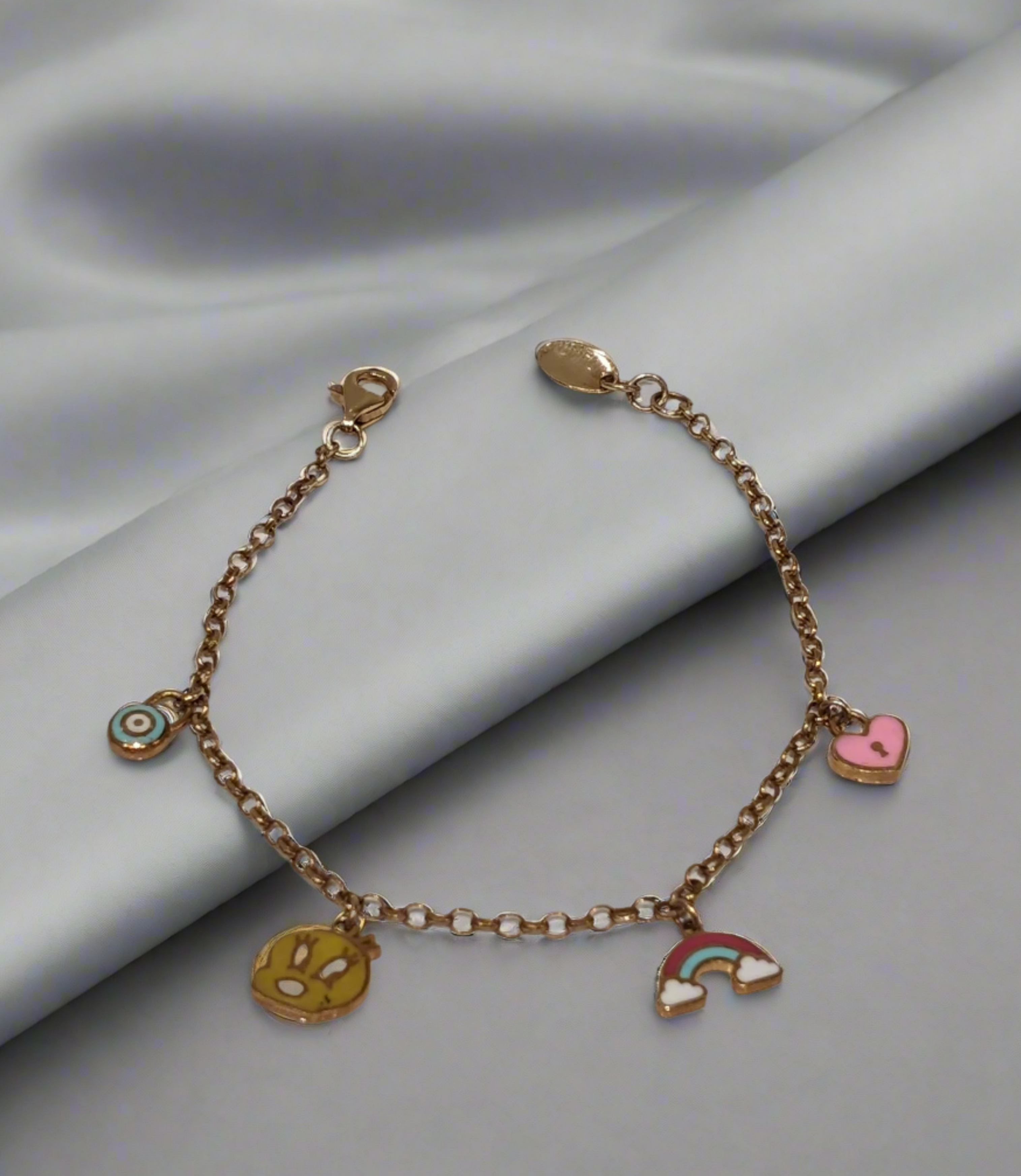 Evil Eye, Red Rainbow, Bunny and Pink Love Kids Charming Bracelet - 18k Gold