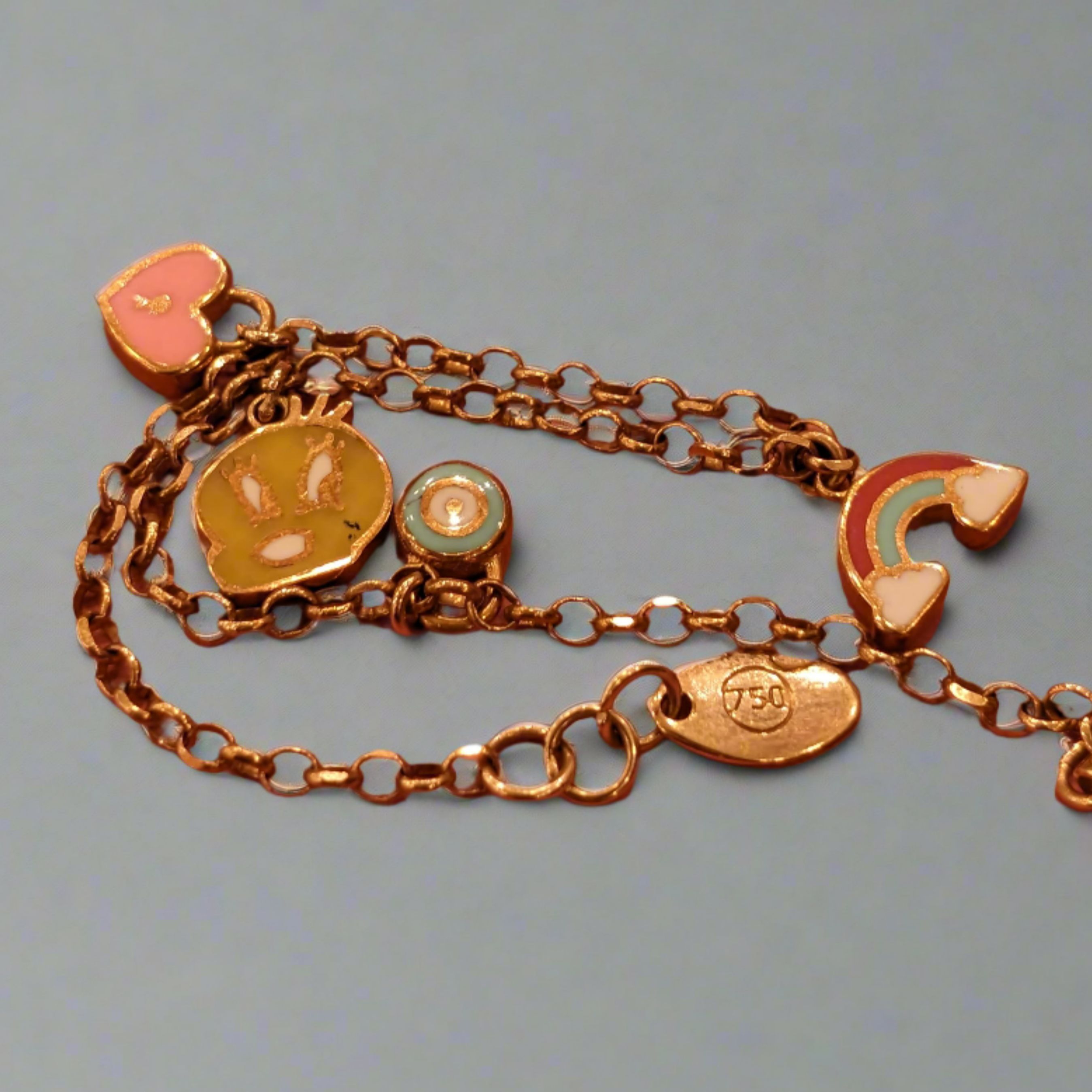 Evil Eye, Red Rainbow, Bunny and Pink Love Kids Charming Bracelet - 18k Gold