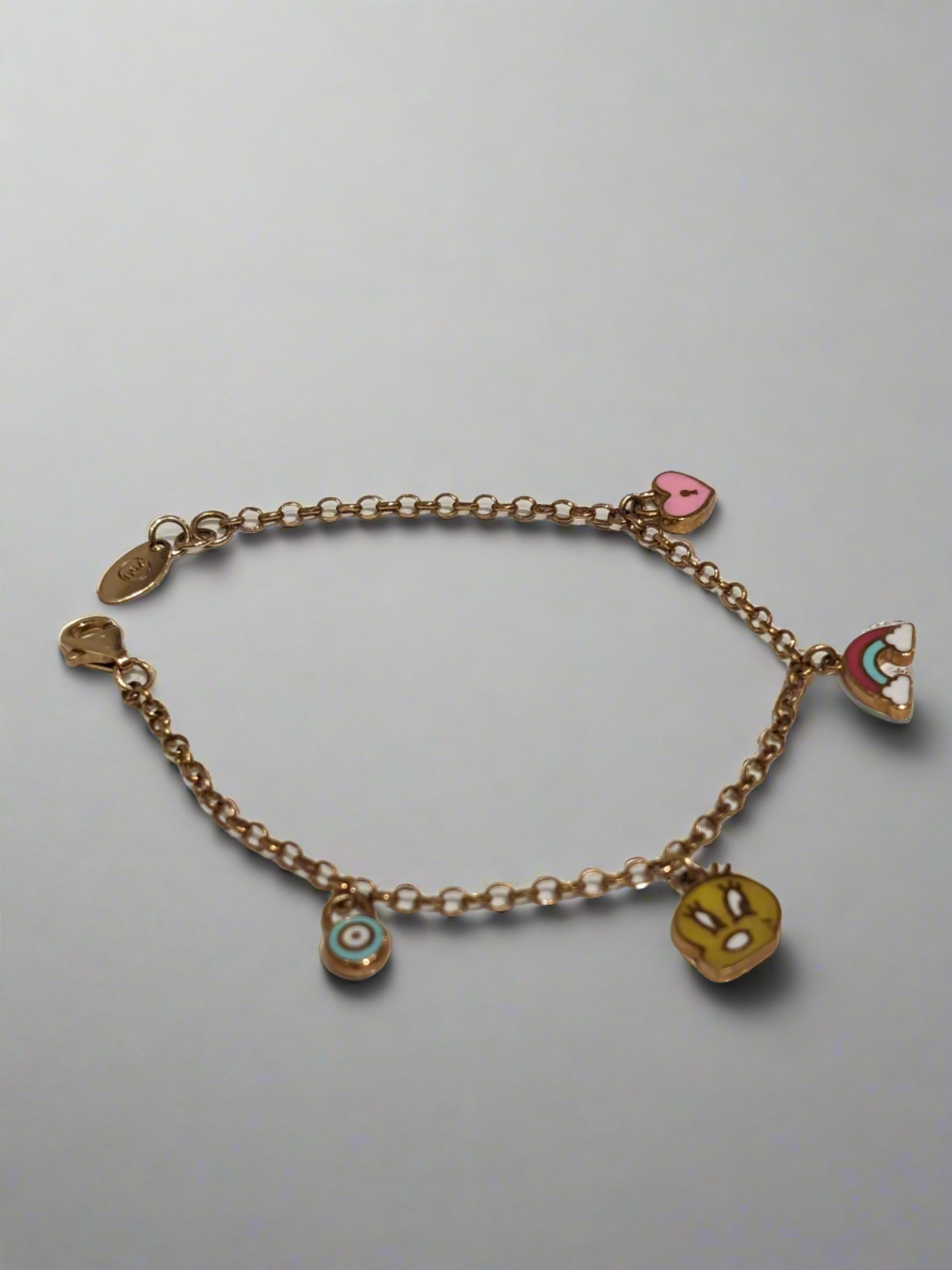 Evil Eye, Red Rainbow, Bunny and Pink Love Kids Charming Bracelet - 18k Gold